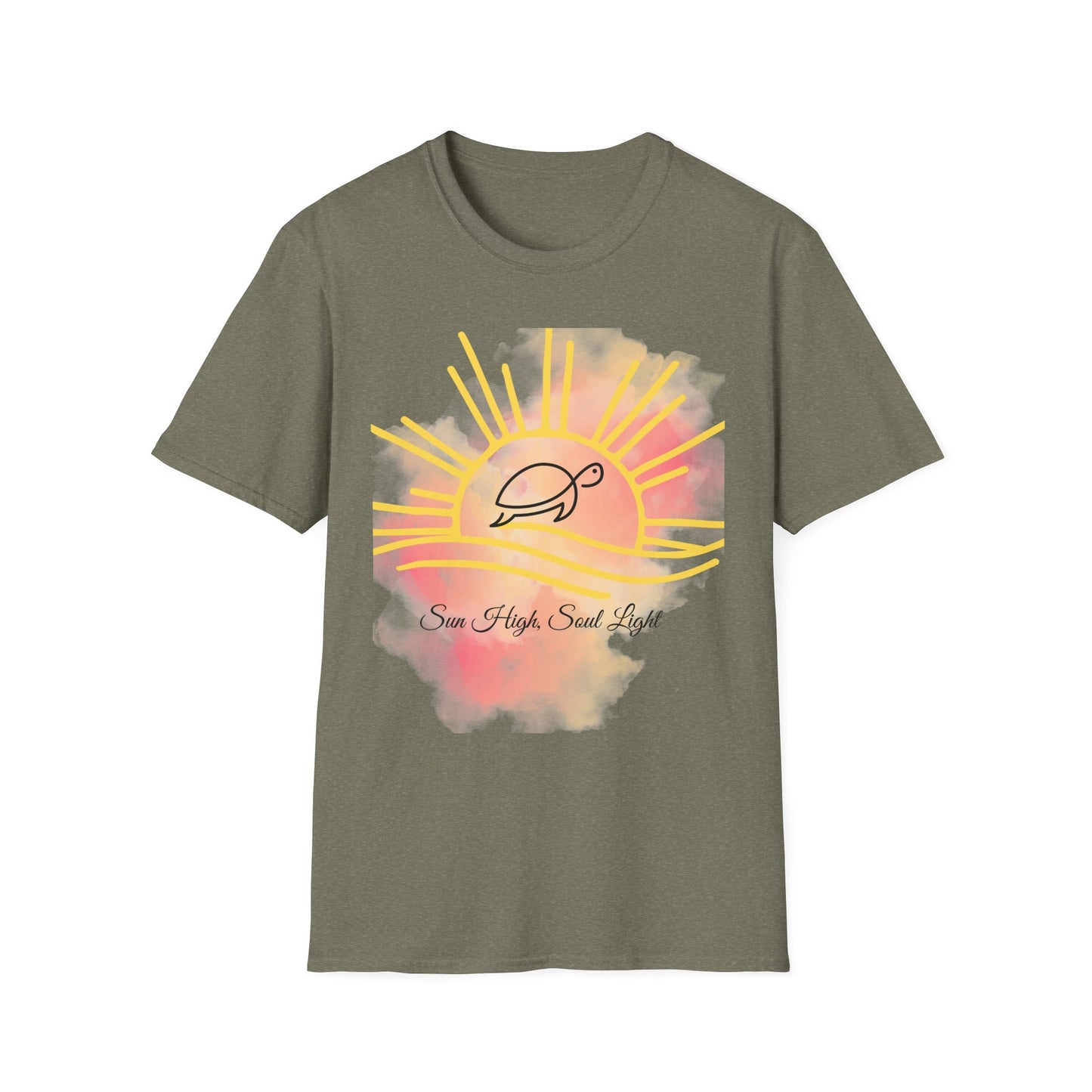 Sun High Soul Soft T-Shirt – Watercolor Sunrise & Turtle Tee | Uplifting Coastal Shirt