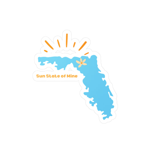 Blue Florida state vinyl sticker with orange sun rays and text "Sun State of Mine" — sunny, coastal-themed decal for laptops, water bottles, or gifts.
