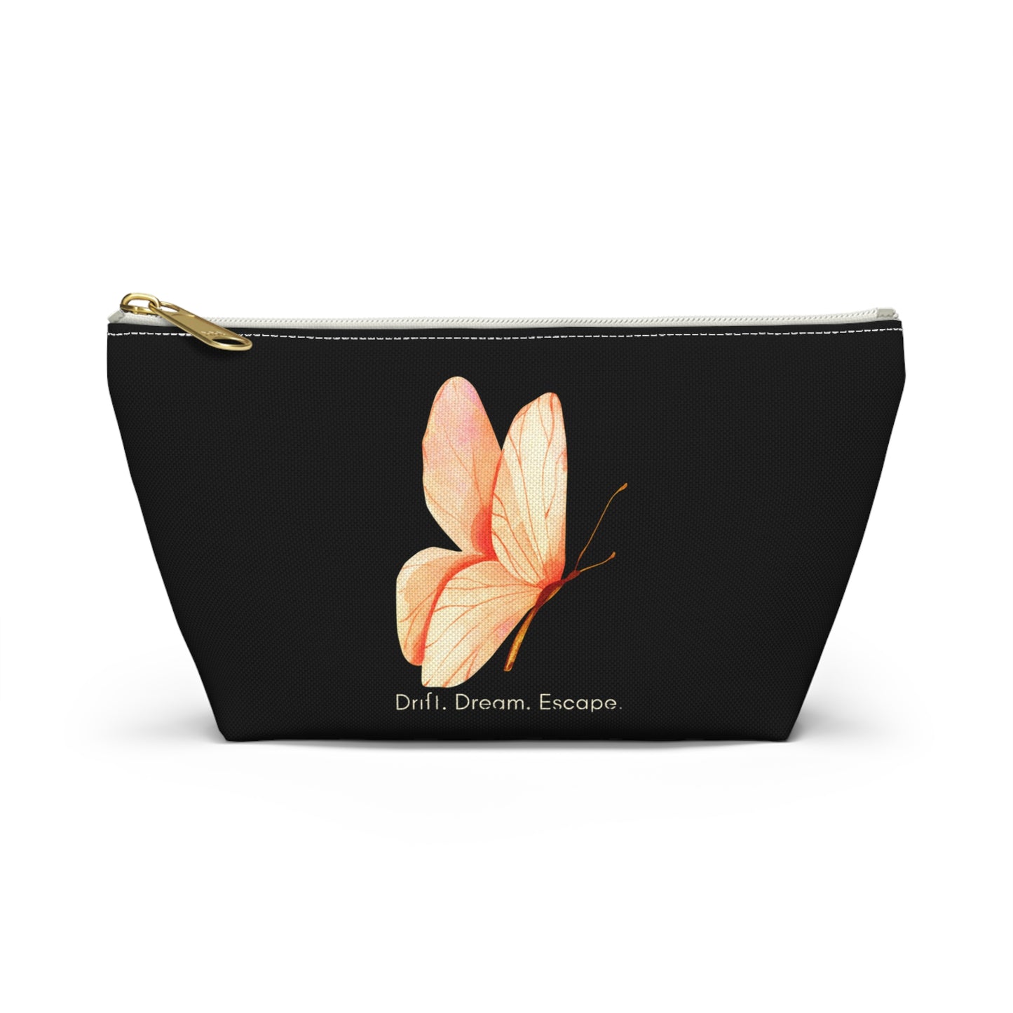 Drift. Dream. Escape. Black Butterfly Pouch – Travel Makeup Bag or Journal Accessory Case | Stardust Cove