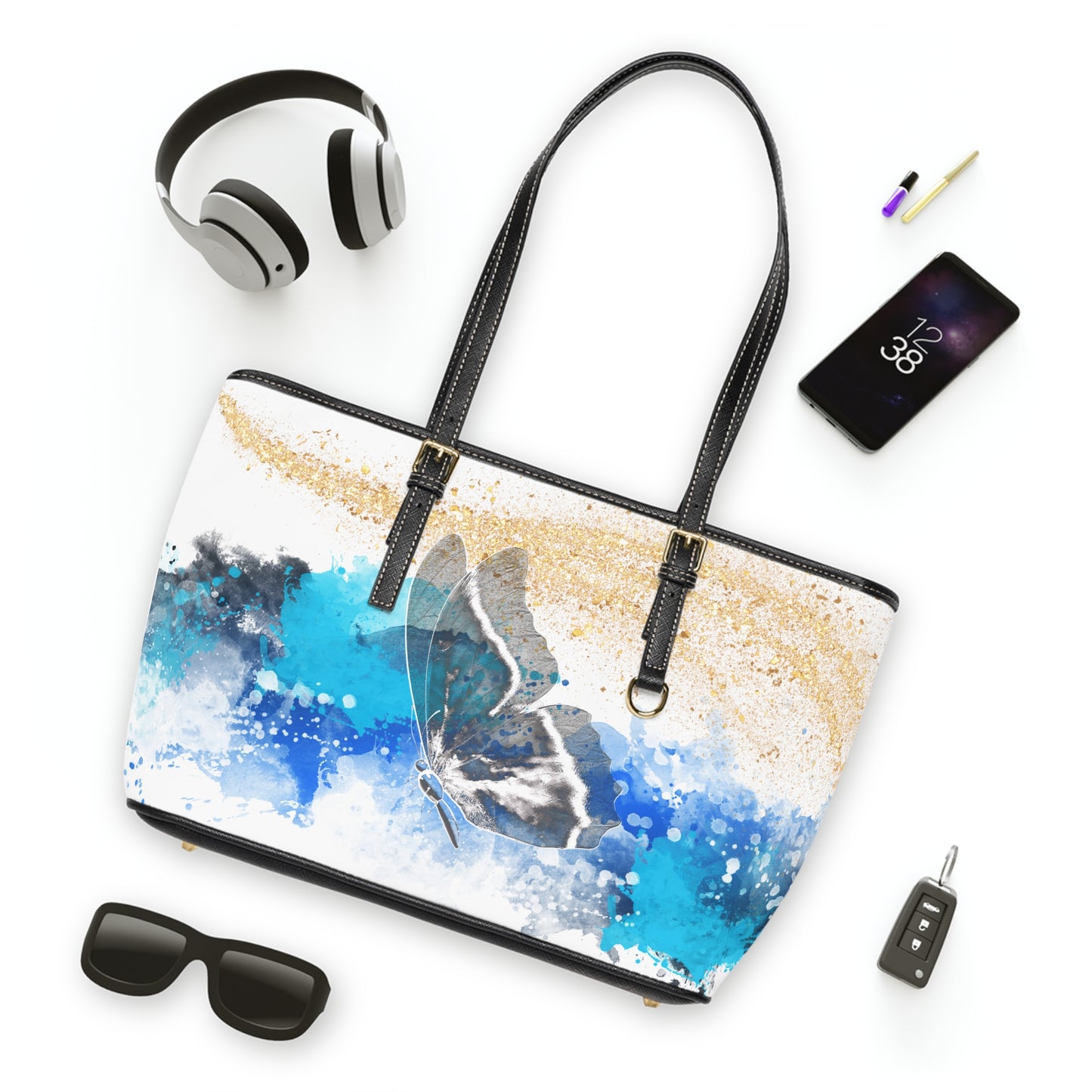 Elegant Blue Butterfly Leather Shoulder Bag – Watercolor Artistic Tote – Chic Travel Handbag