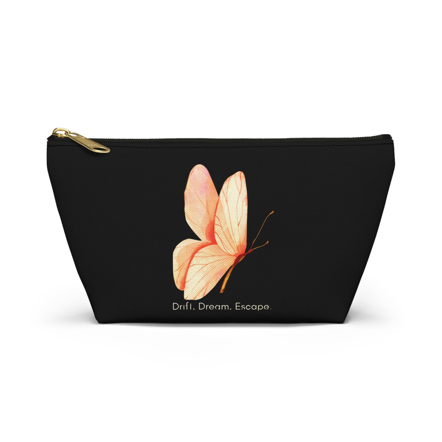 Drift. Dream. Escape. Black Butterfly Pouch – Travel Makeup Bag or Journal Accessory Case | Stardust Cove