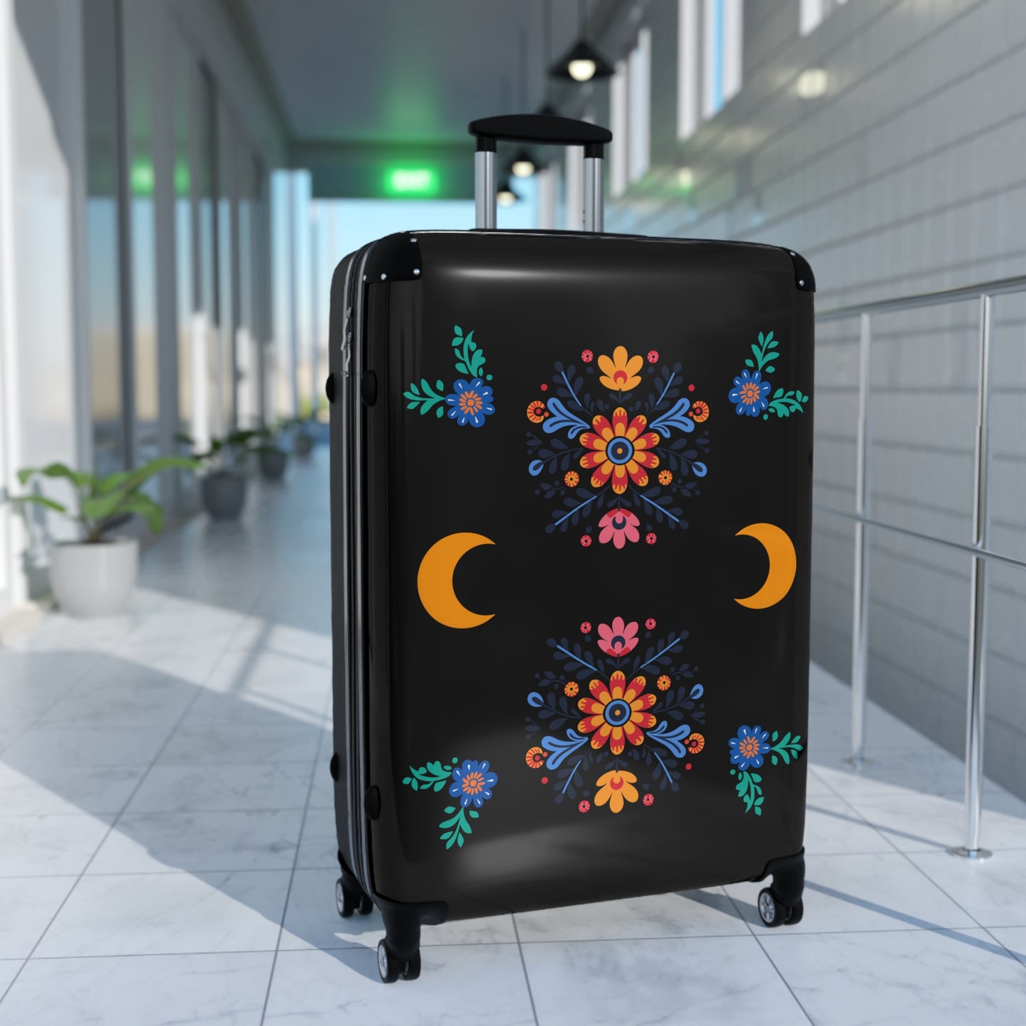 Celestial Bloom Suitcase – Boho Floral Moon Phase Luggage