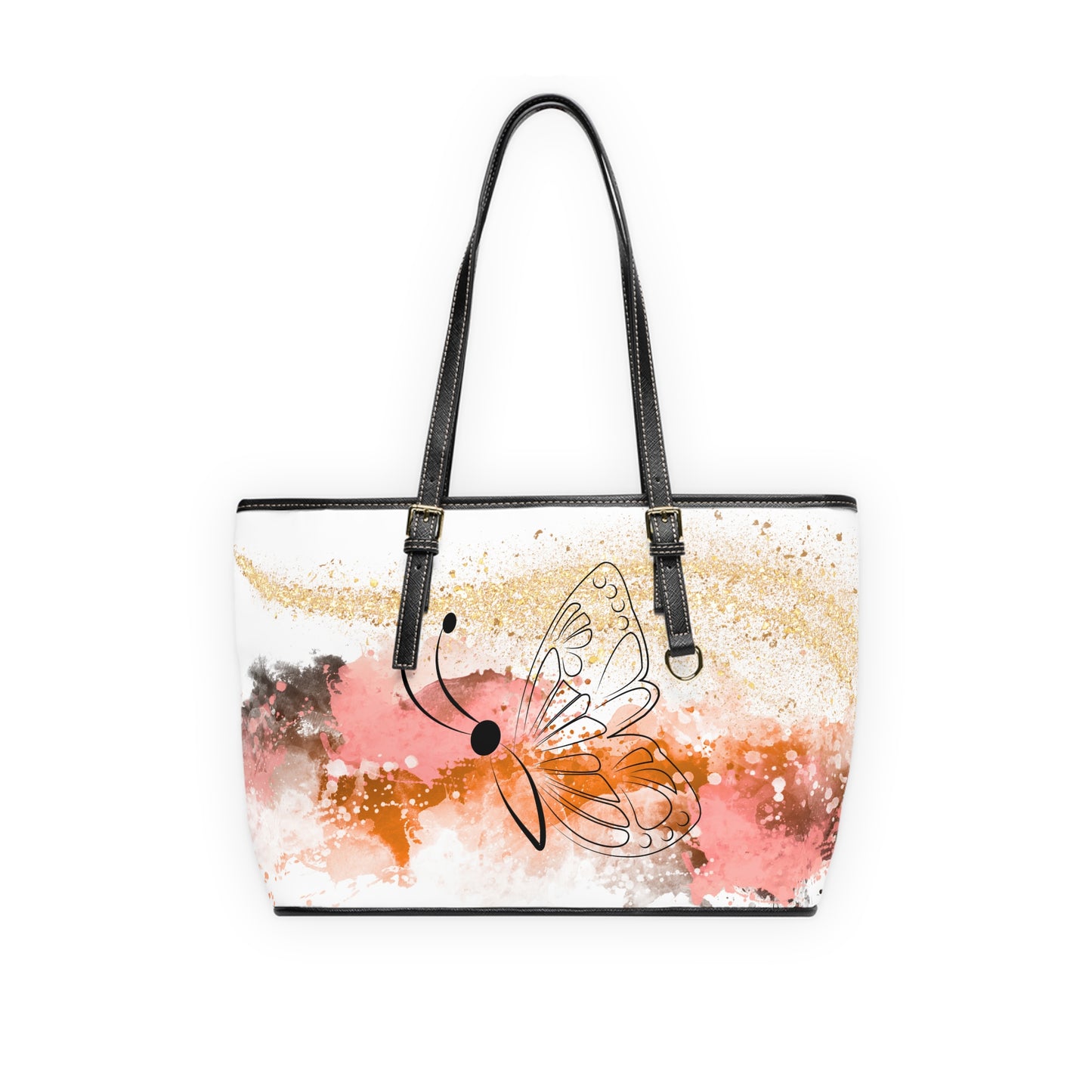 Watercolor Butterfly Leather Shoulder Bag – Sunset Tones Artistic Tote – Boho Chic Handbag