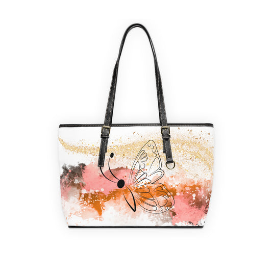 Watercolor Butterfly Leather Shoulder Bag – Sunset Tones Artistic Tote – Boho Chic Handbag