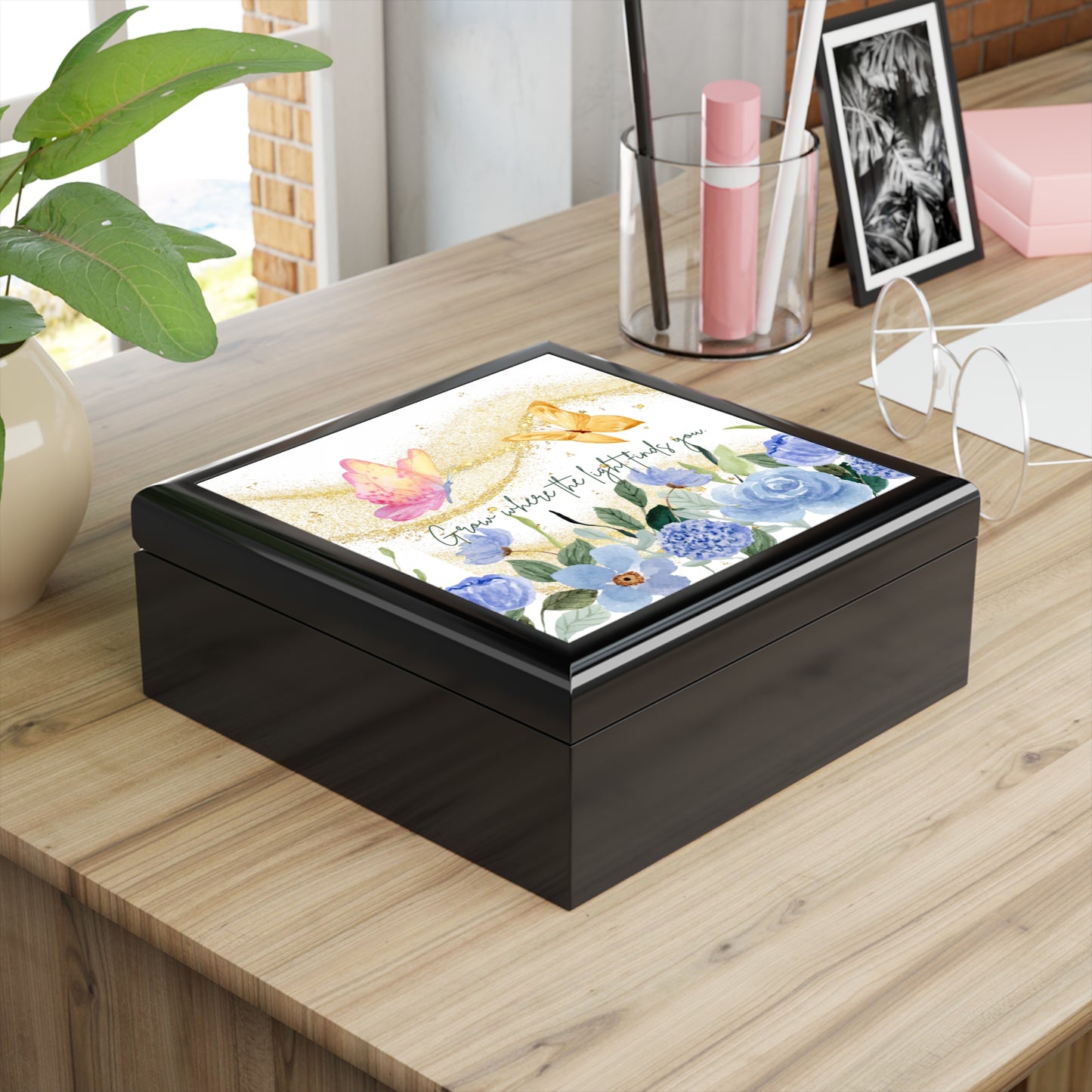 Butterfly Floral Jewelry Box – “Grow Where the Light Finds You” Inspirational Keepsake