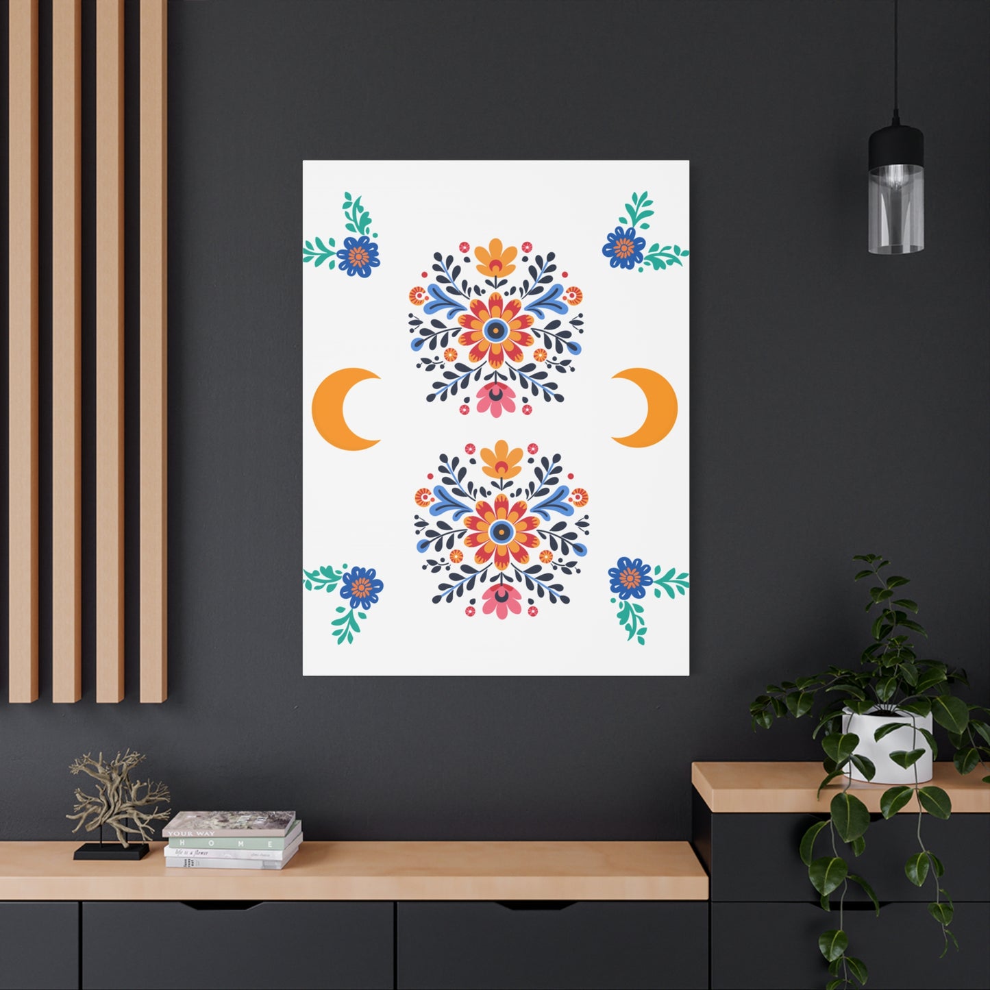 Celestial Bloom Canvas Wall Art – Moon & Floral Folk Art Print | Mystical Home Decor | Stardust Cove Exclusive
