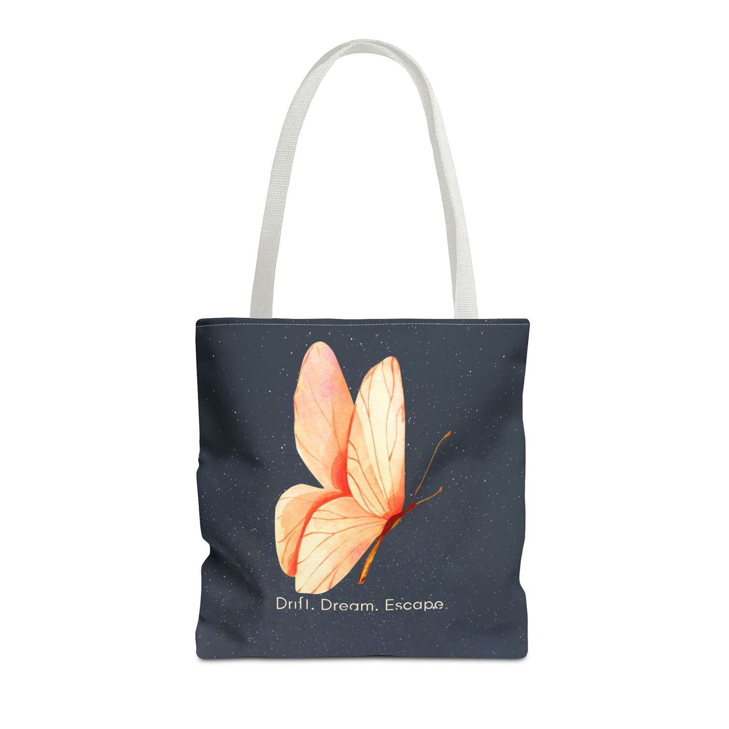Drift. Dream. Escape. Celestial Butterfly Tote Bag – Starry Sky Quote Tote | Stardust Cove