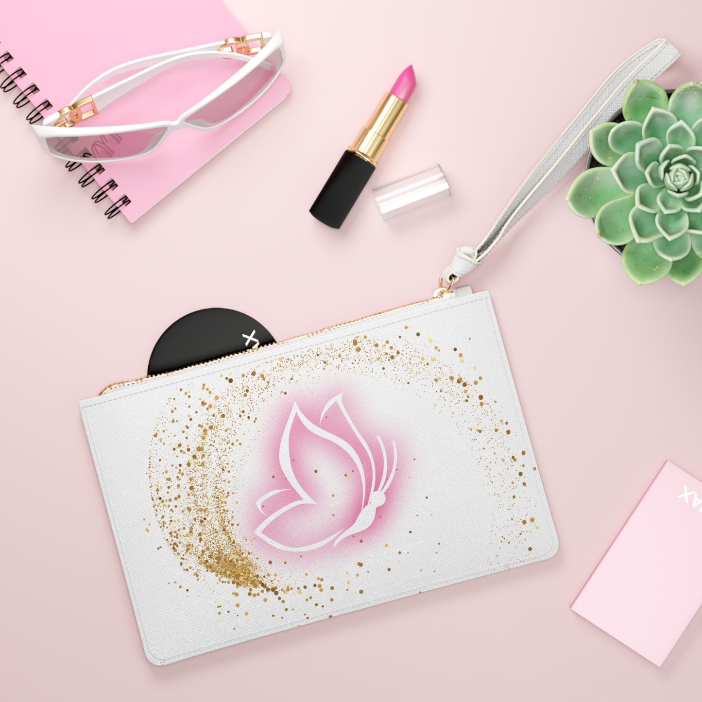 Elegant Butterfly Clutch Bag – Pink and Gold Wristlet – Inspirational Travel Accessory