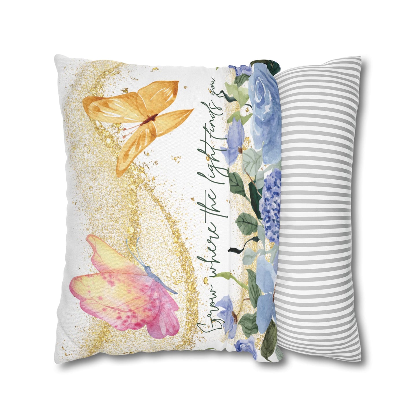 Butterfly & Floral Quote Pillow – “Grow Where the Light Finds You” Watercolor Cushion
