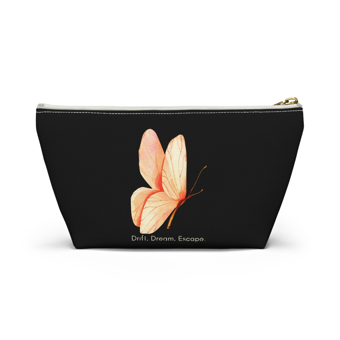 Drift. Dream. Escape. Black Butterfly Pouch – Travel Makeup Bag or Journal Accessory Case | Stardust Cove
