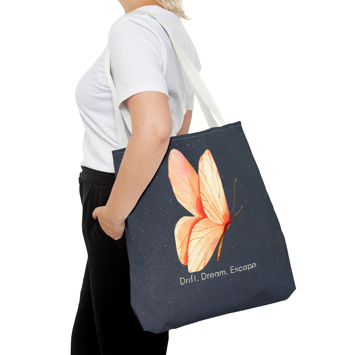 Drift. Dream. Escape. Celestial Butterfly Tote Bag – Starry Sky Quote Tote | Stardust Cove