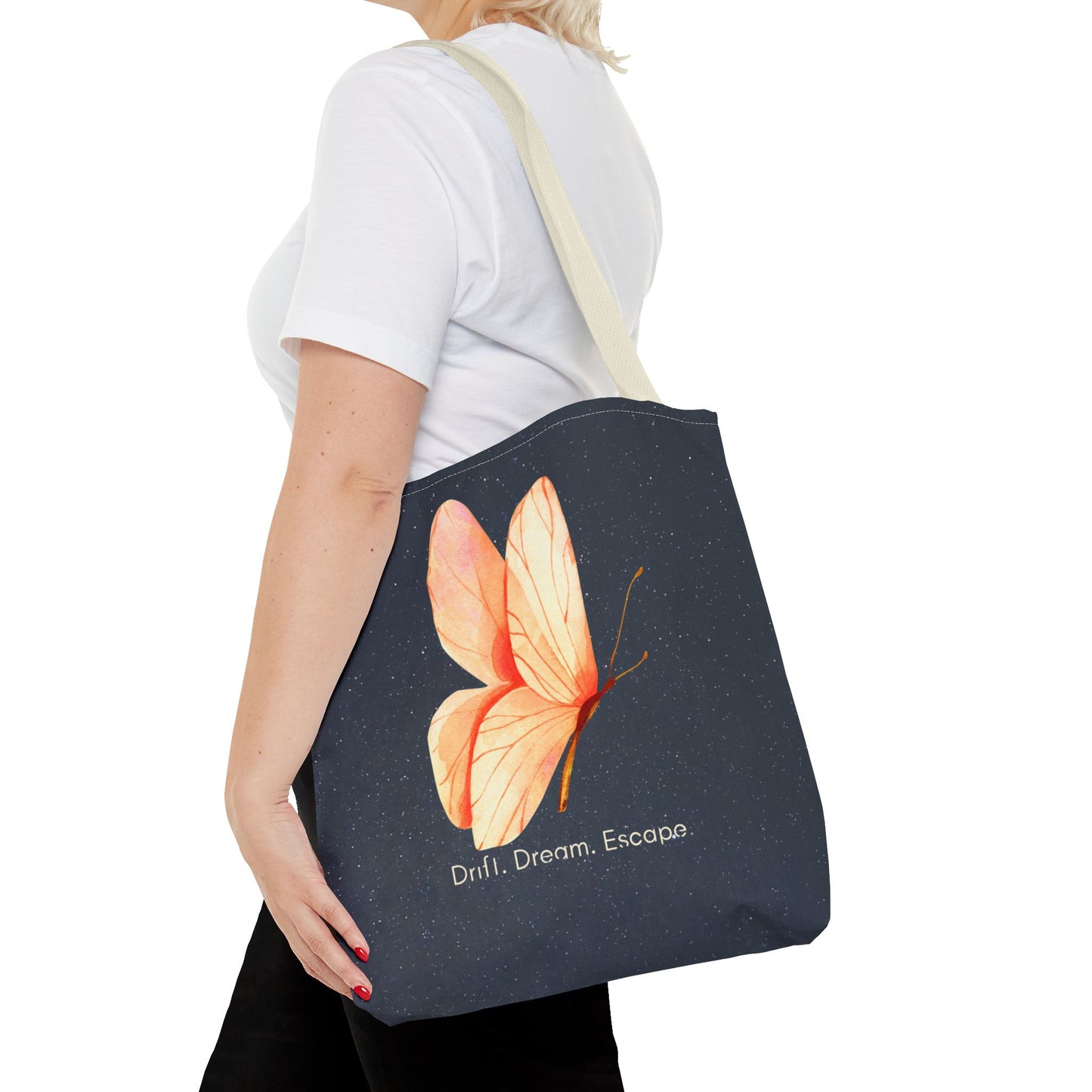 Drift. Dream. Escape. Celestial Butterfly Tote Bag – Starry Sky Quote Tote | Stardust Cove