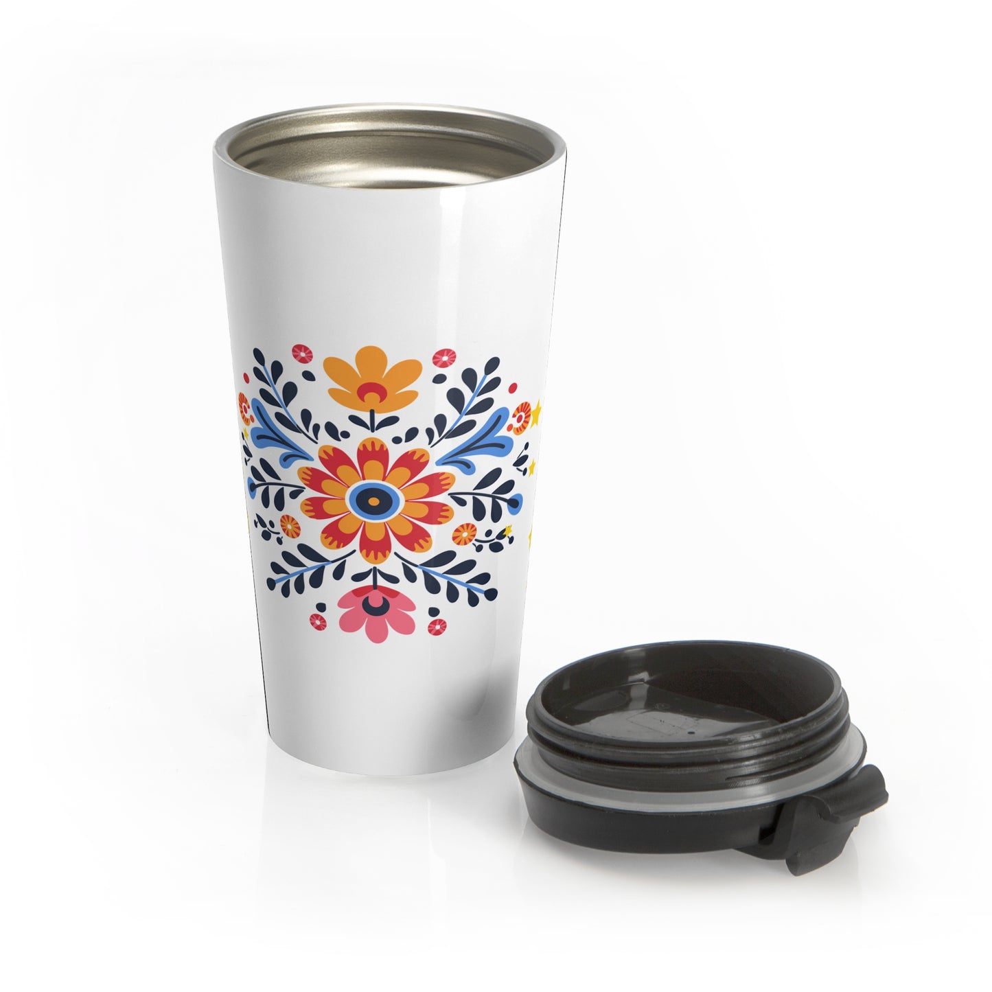 Celestial Bloom Travel Mug – Folk Floral Stainless Steel Tumbler