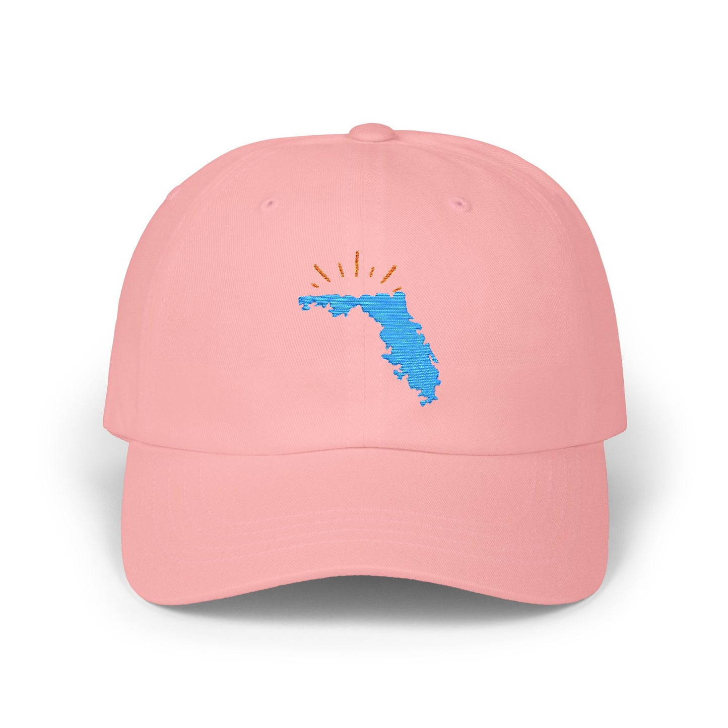Pink dad hat with blue Florida state outline and orange sun rays embroidered on the front — casual beach hat and Florida gift accessory.