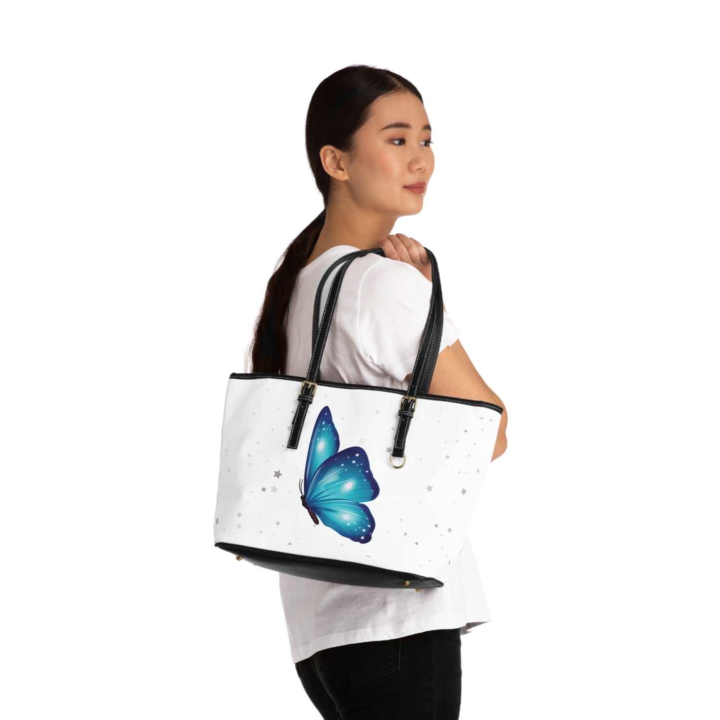 Elegant White Handbag with Blue Butterfly Design – Perfect for Fashionistas