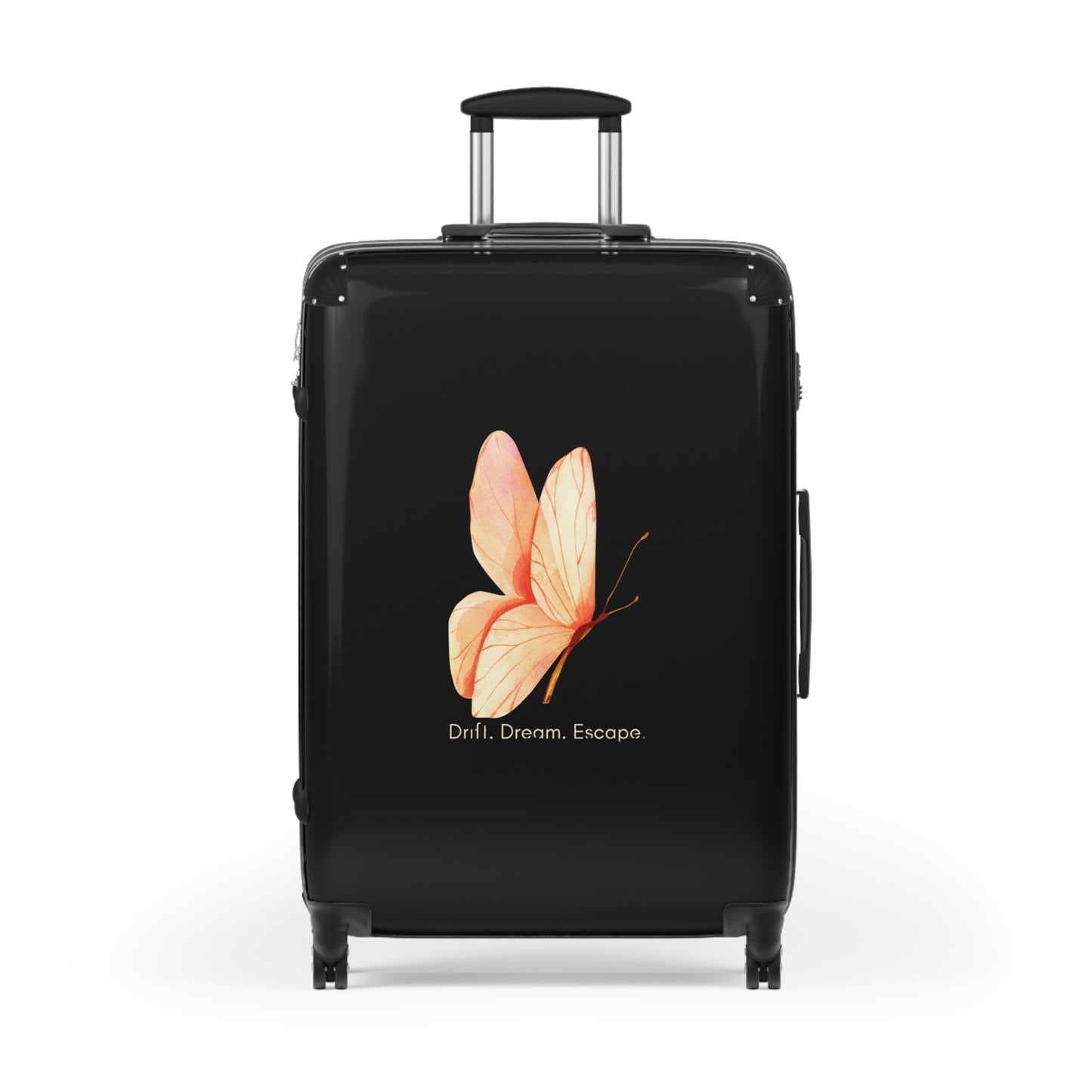 Drift. Dream. Escape. Butterfly Suitcase – Minimalist Black Luggage | Stardust Cove Travel Collection