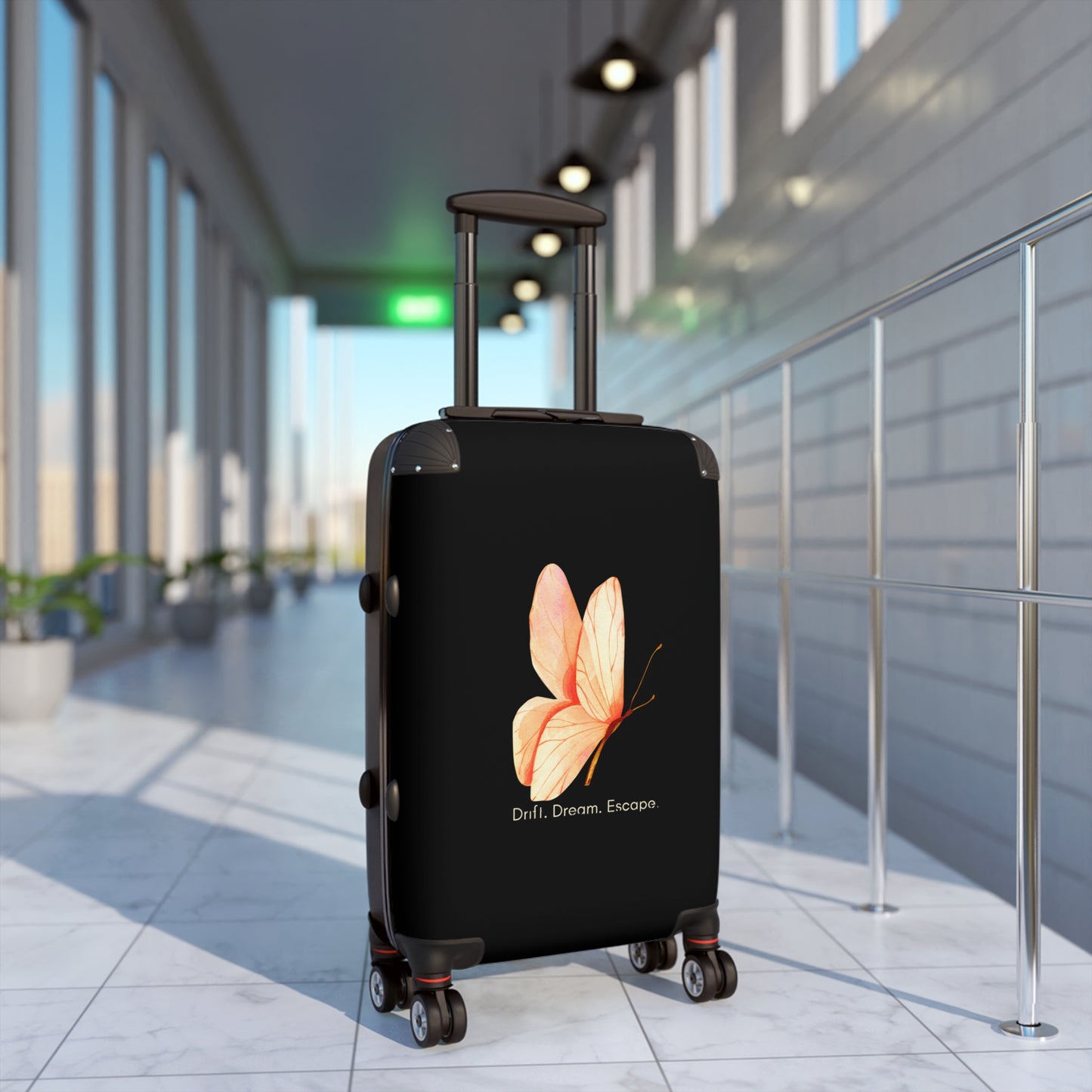Drift. Dream. Escape. Butterfly Suitcase – Minimalist Black Luggage | Stardust Cove Travel Collection