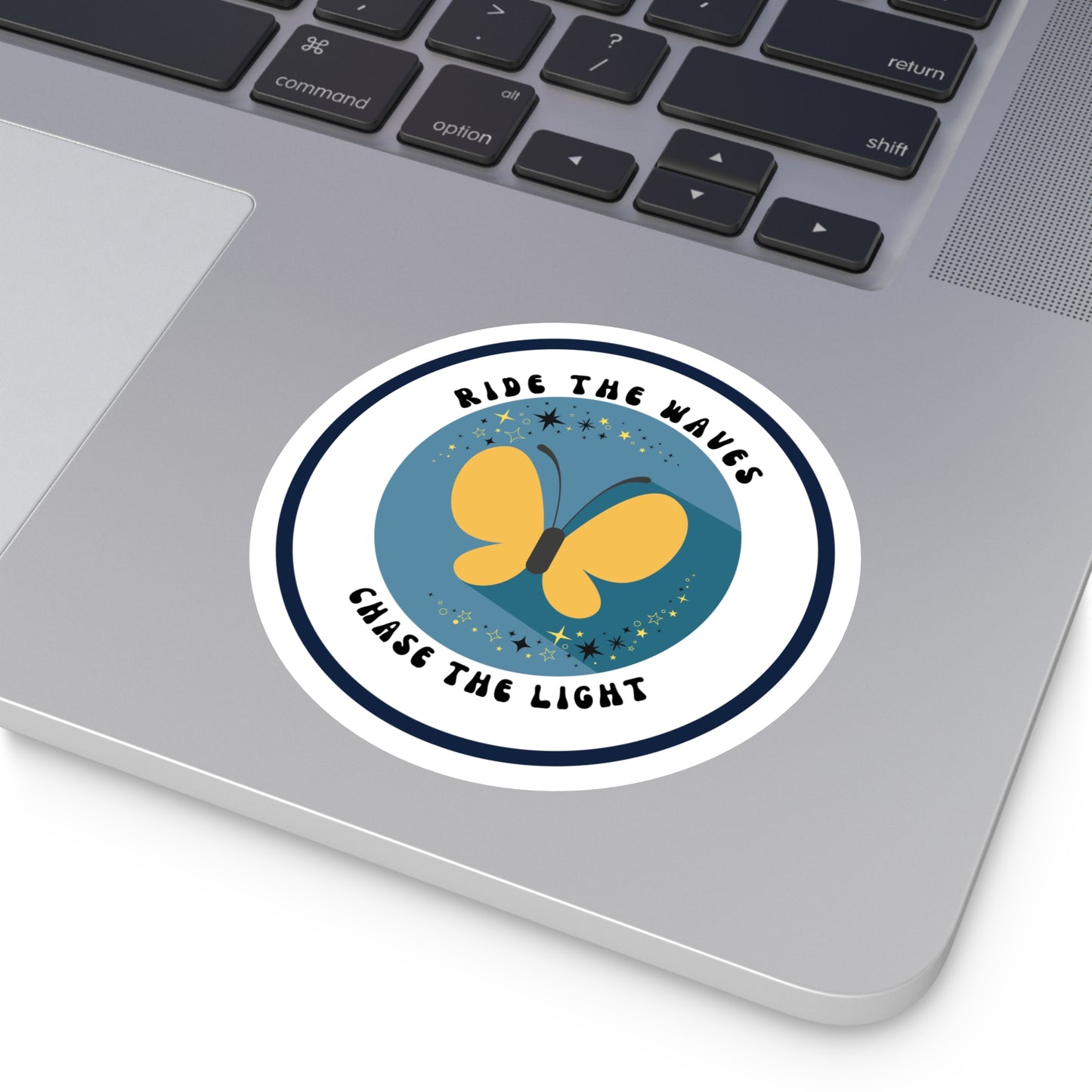 Ride the Waves, Chase the Light Sticker – Round Vinyl Ocean Butterfly Decal for Laptop, Journal & Water Bottle