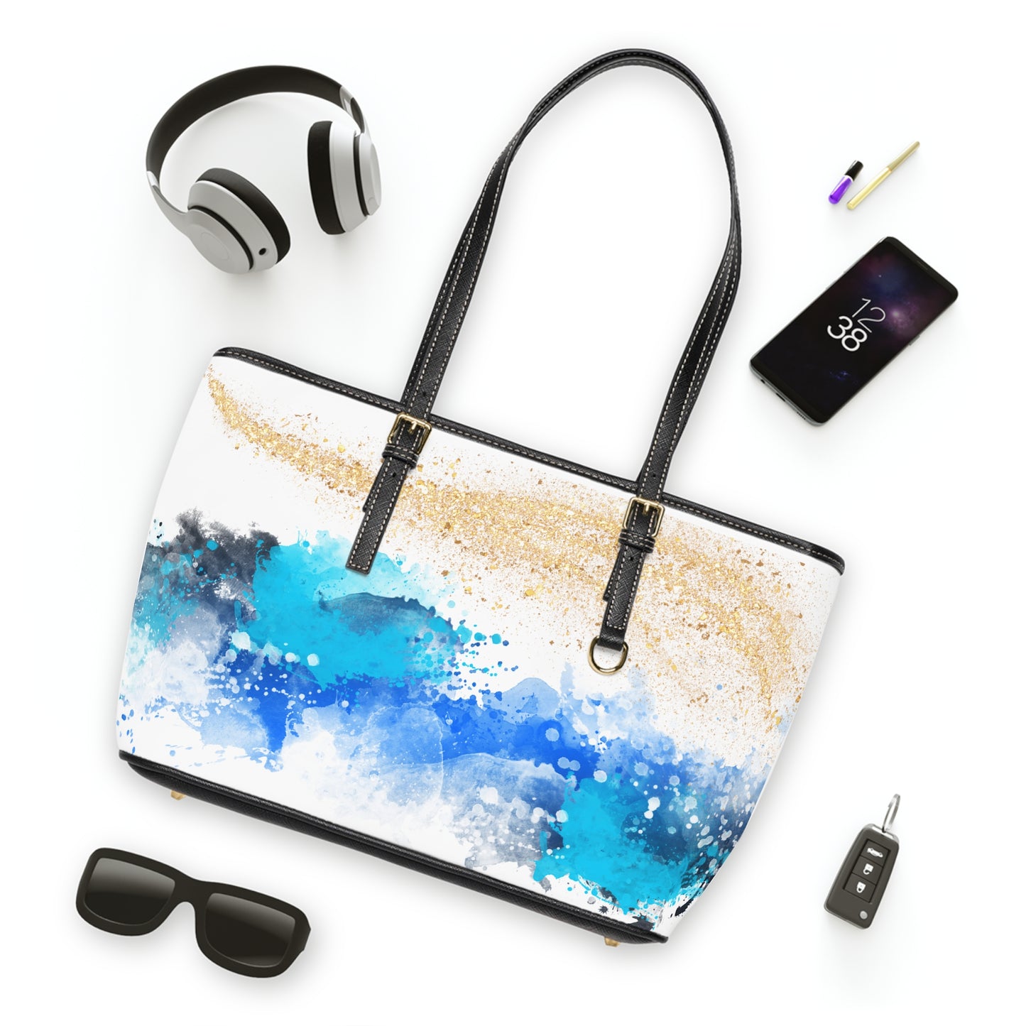 Ocean Breeze Watercolor Leather Shoulder Bag – Elegant Artistic Tote – Coastal Chic Handbag