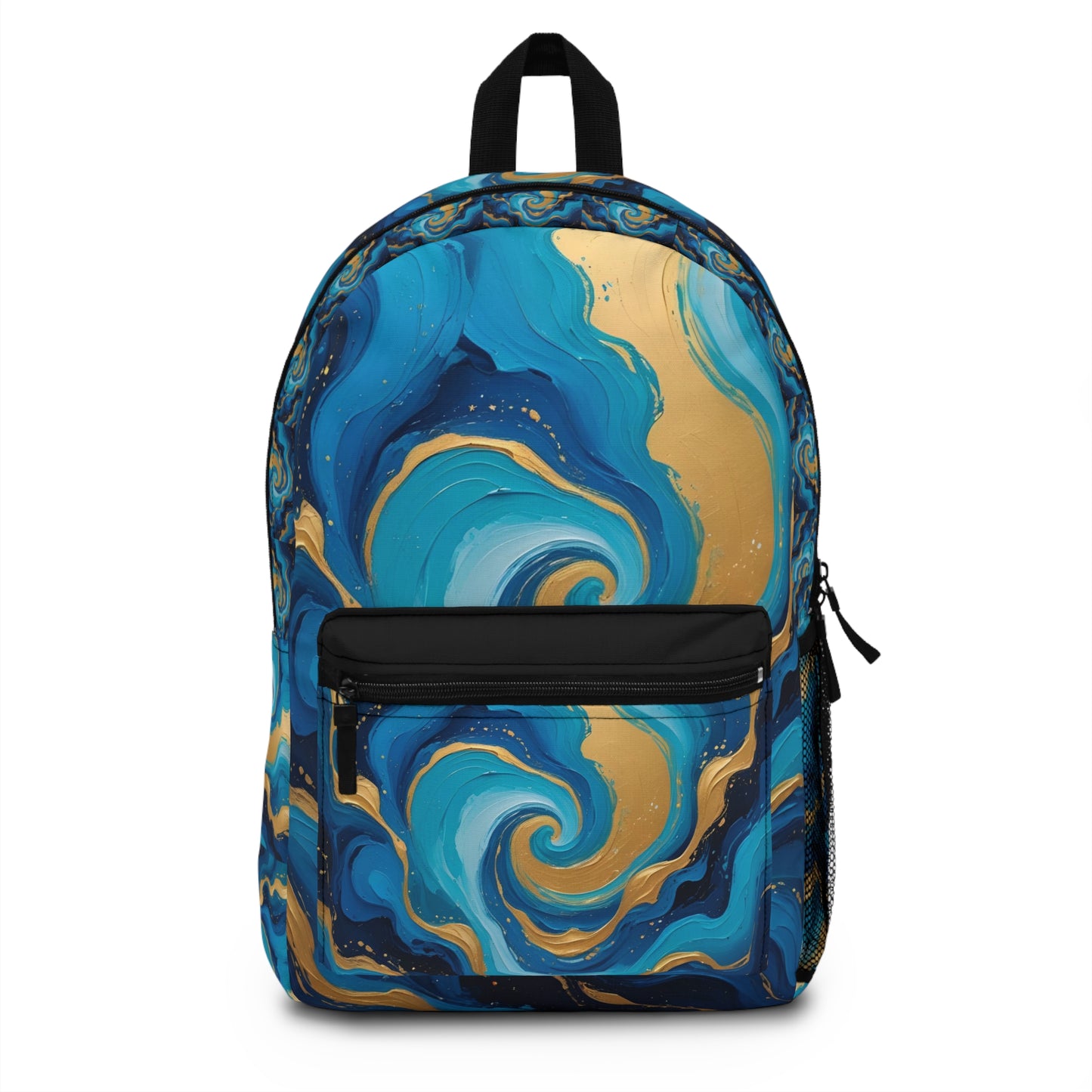 Tide Dreams Backpack – Celestial Swirl Print Bag, Blue and Gold Ocean-Inspired Daypack, Stardust Cove Travel Essential