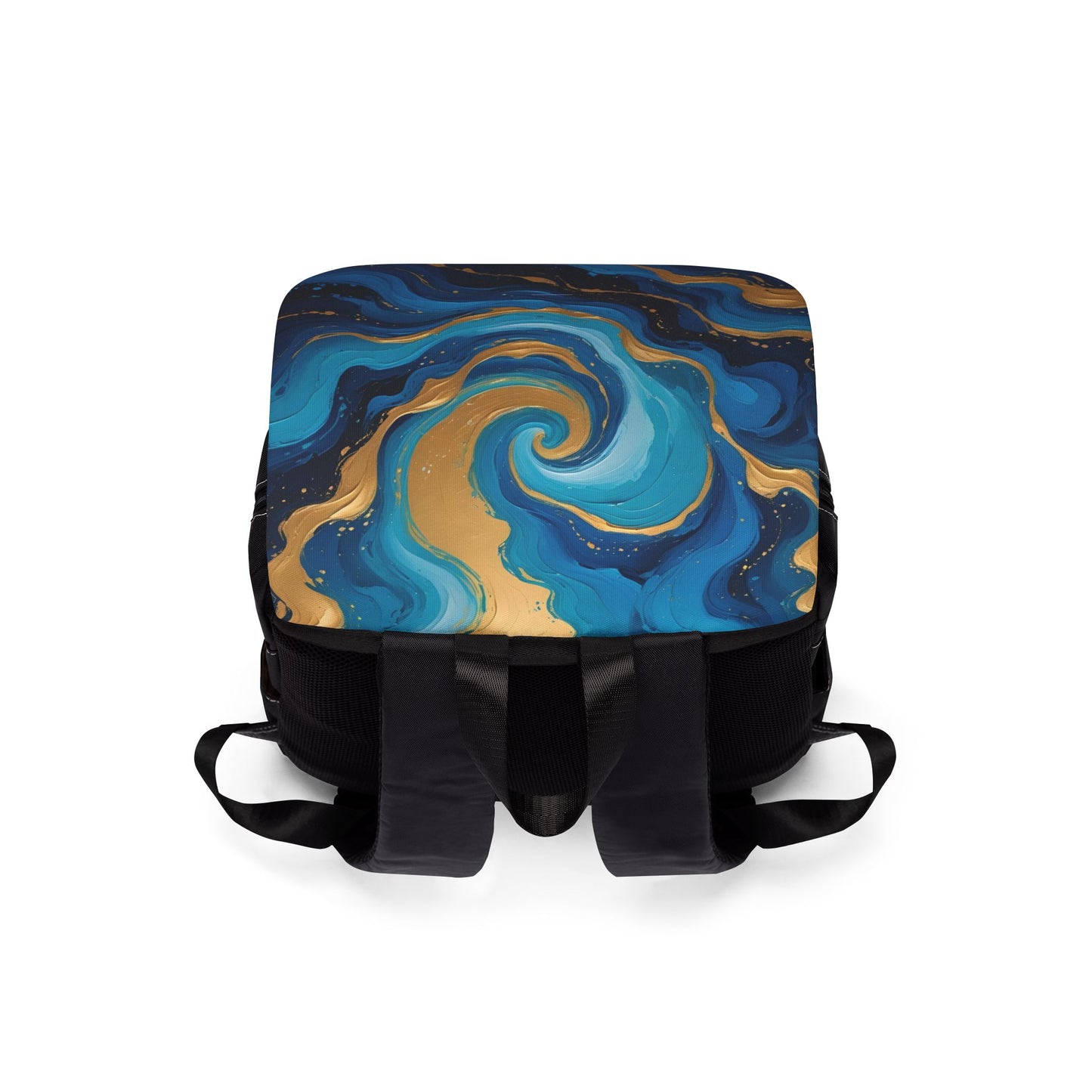 Ocean Swirl Unisex Casual Shoulder Backpack, Daypack, Travel Bag, Art Backpack, Unique Gift for Students, Summer Outing Celestial Swirl Backpack – Blue & Gold Abstract Art School Bag