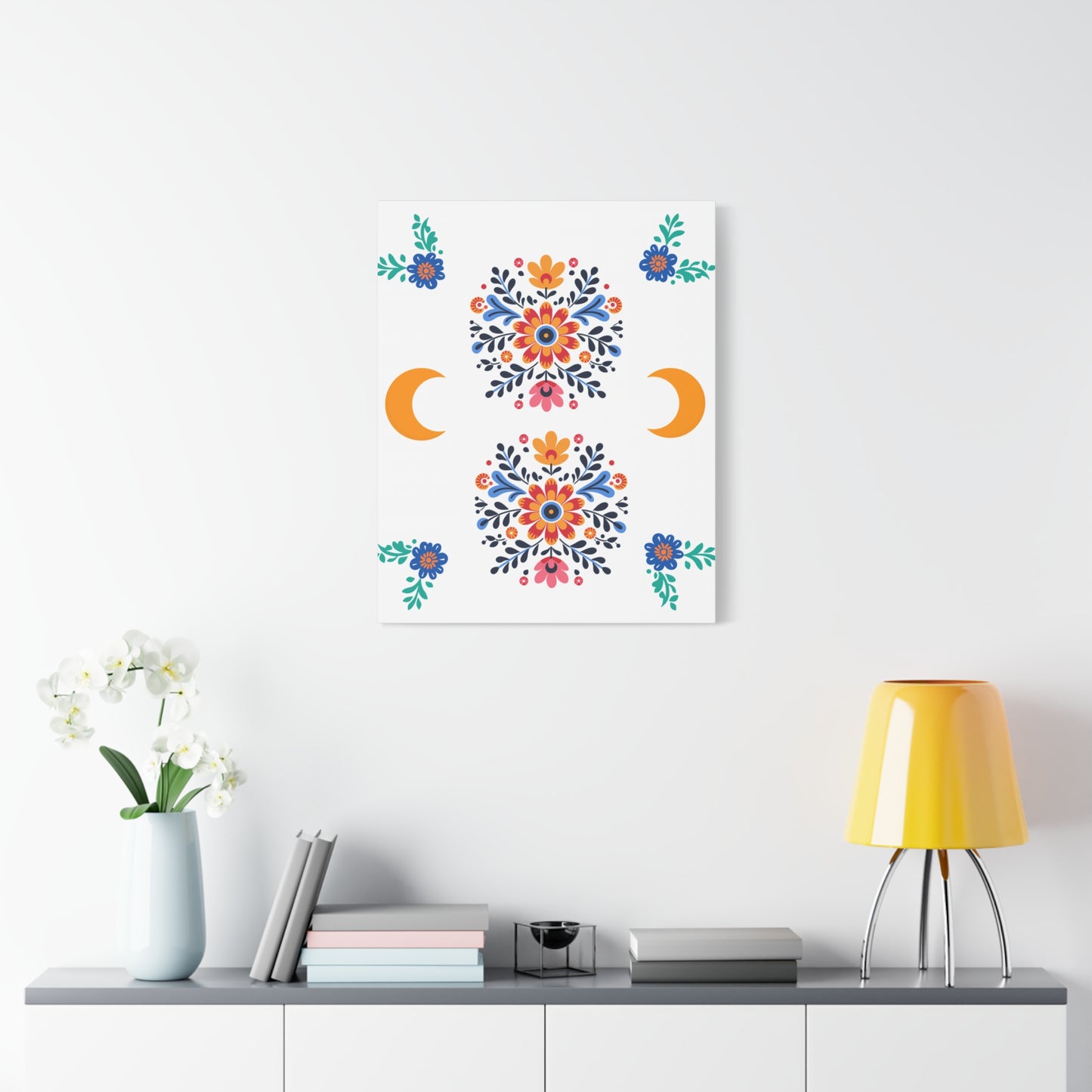 Celestial Bloom Canvas Wall Art – Moon & Floral Folk Art Print | Mystical Home Decor | Stardust Cove Exclusive
