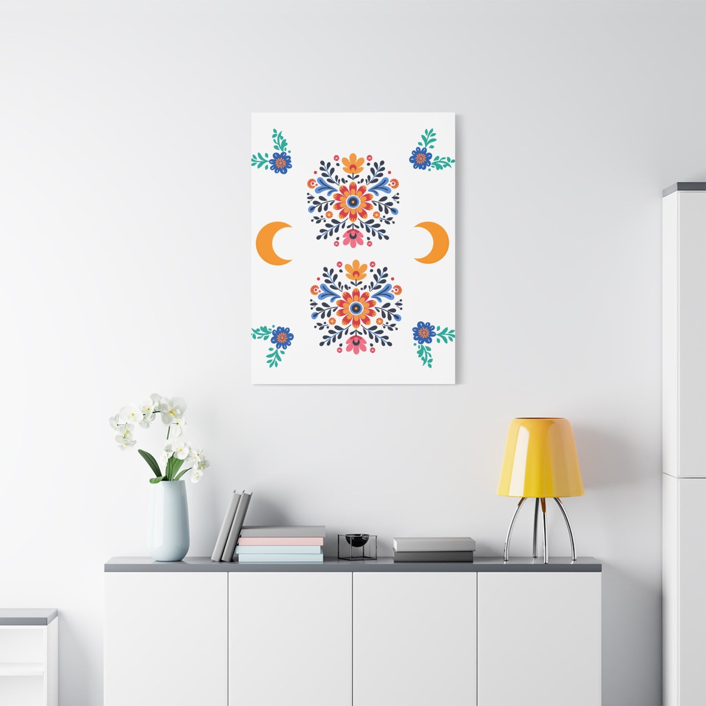 Celestial Bloom Canvas Wall Art – Moon & Floral Folk Art Print | Mystical Home Decor | Stardust Cove Exclusive