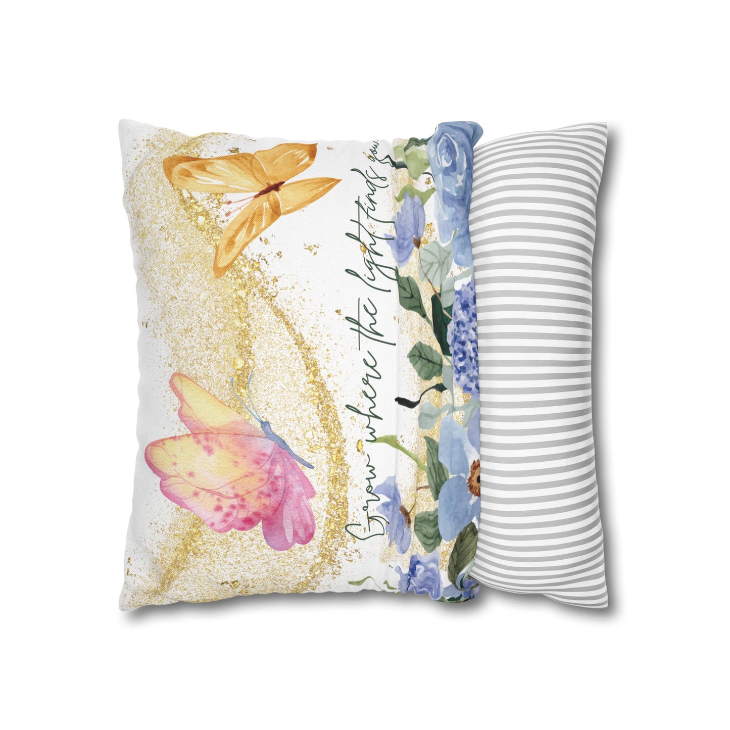 Butterfly & Floral Quote Pillow – “Grow Where the Light Finds You” Watercolor Cushion