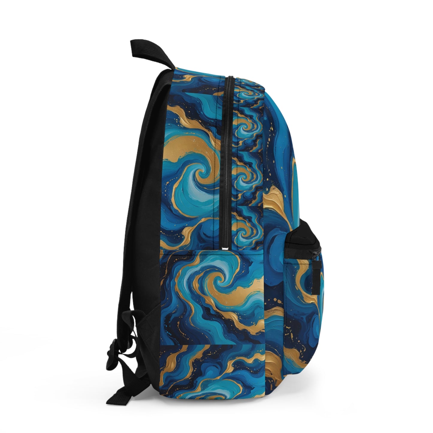 Tide Dreams Backpack – Celestial Swirl Print Bag, Blue and Gold Ocean-Inspired Daypack, Stardust Cove Travel Essential