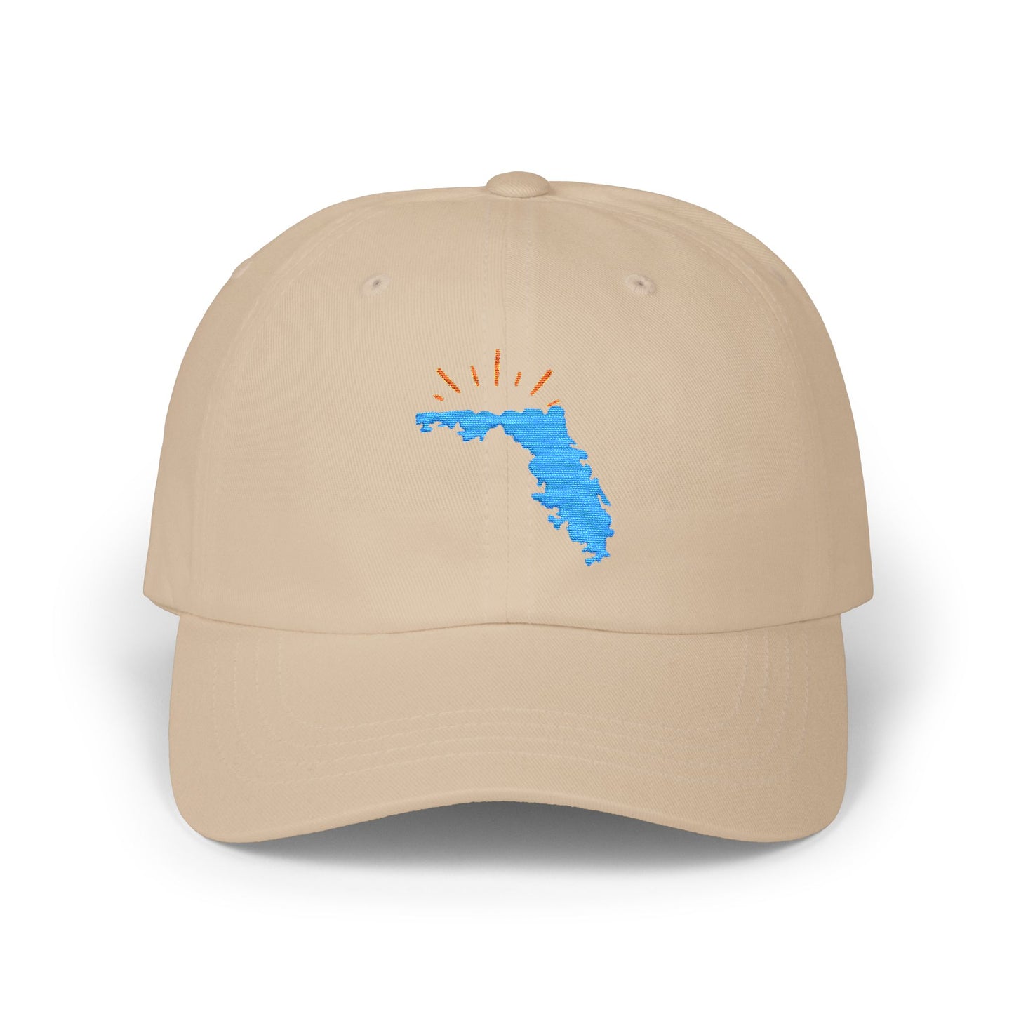Khaki dad hat with blue Florida state outline and orange sun rays embroidered on the front — casual beach hat and Florida gift accessory.
