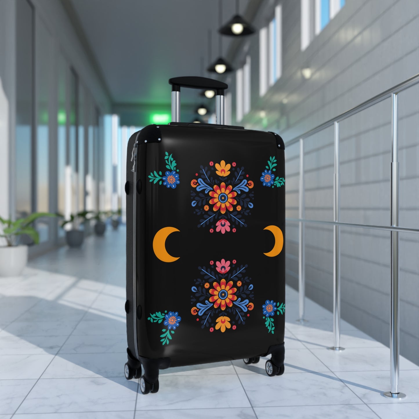 Celestial Bloom Suitcase – Boho Floral Moon Phase Luggage