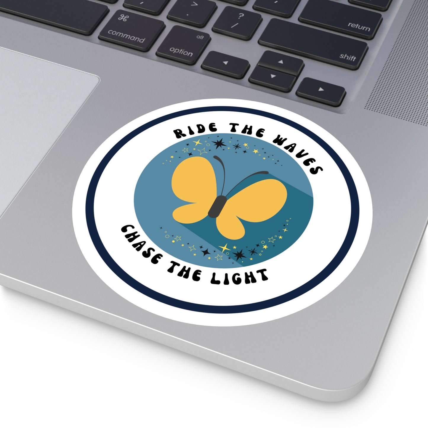 Ride the Waves, Chase the Light Sticker – Round Vinyl Ocean Butterfly Decal for Laptop, Journal & Water Bottle