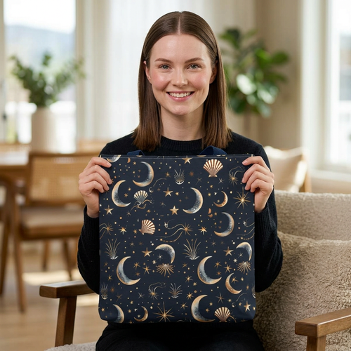 Celestial moon and stars tote bag navy zodiac crescent pattern by Stardust Cove