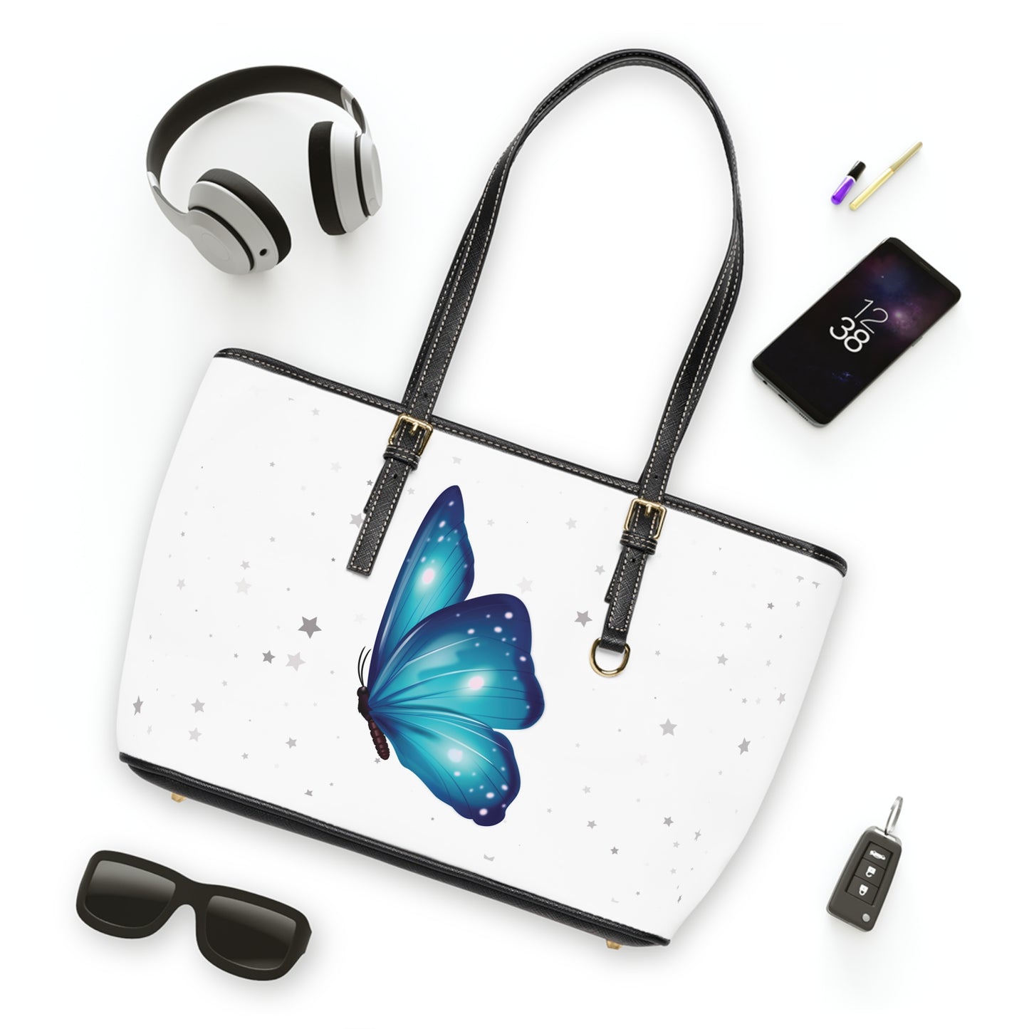 Elegant White Handbag with Blue Butterfly Design – Perfect for Fashionistas