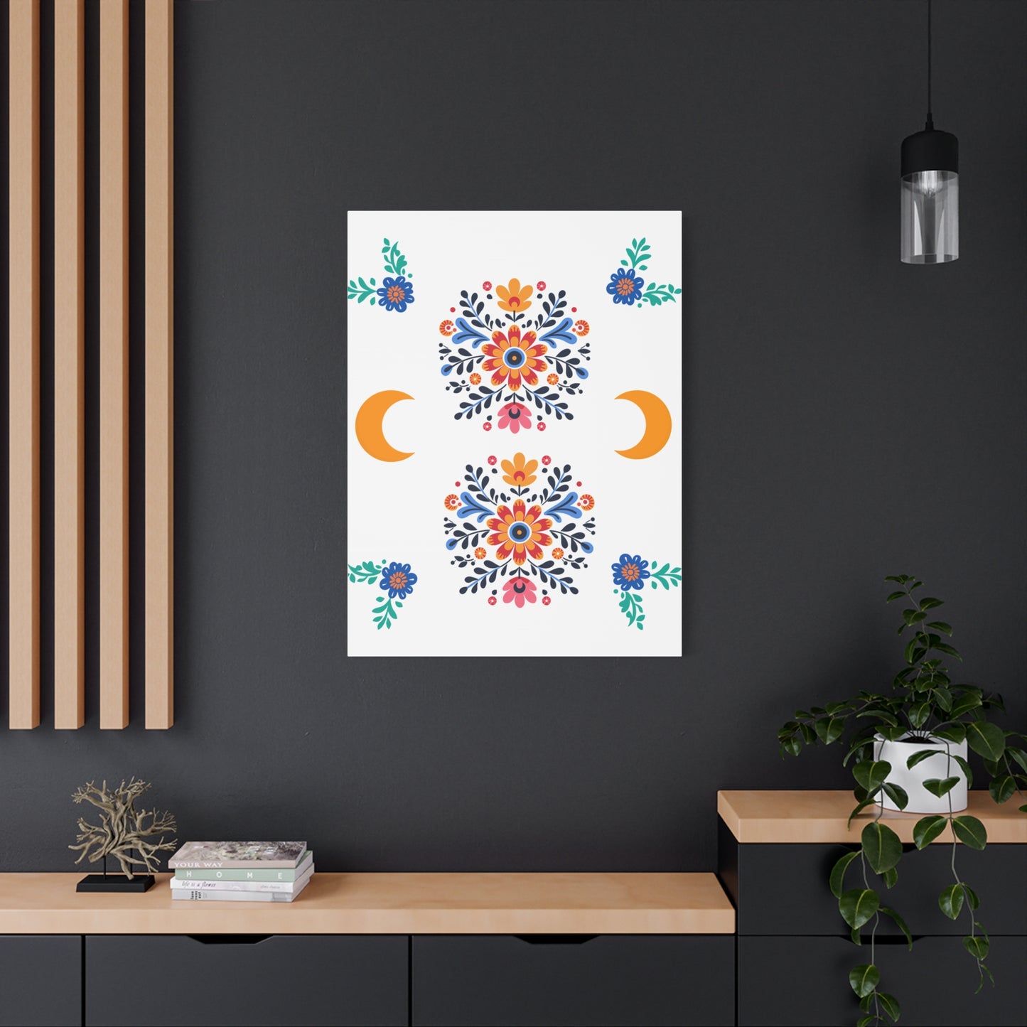 Celestial Bloom Canvas Wall Art – Moon & Floral Folk Art Print | Mystical Home Decor | Stardust Cove Exclusive