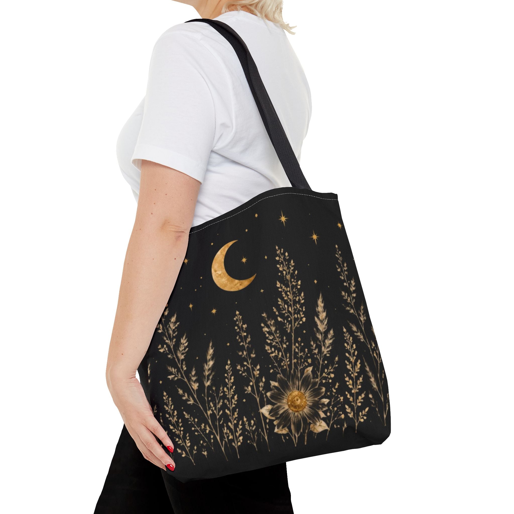 Celestial Wildflower Moon Tote Bag | Boho Botanical Canvas Shoulder Bag