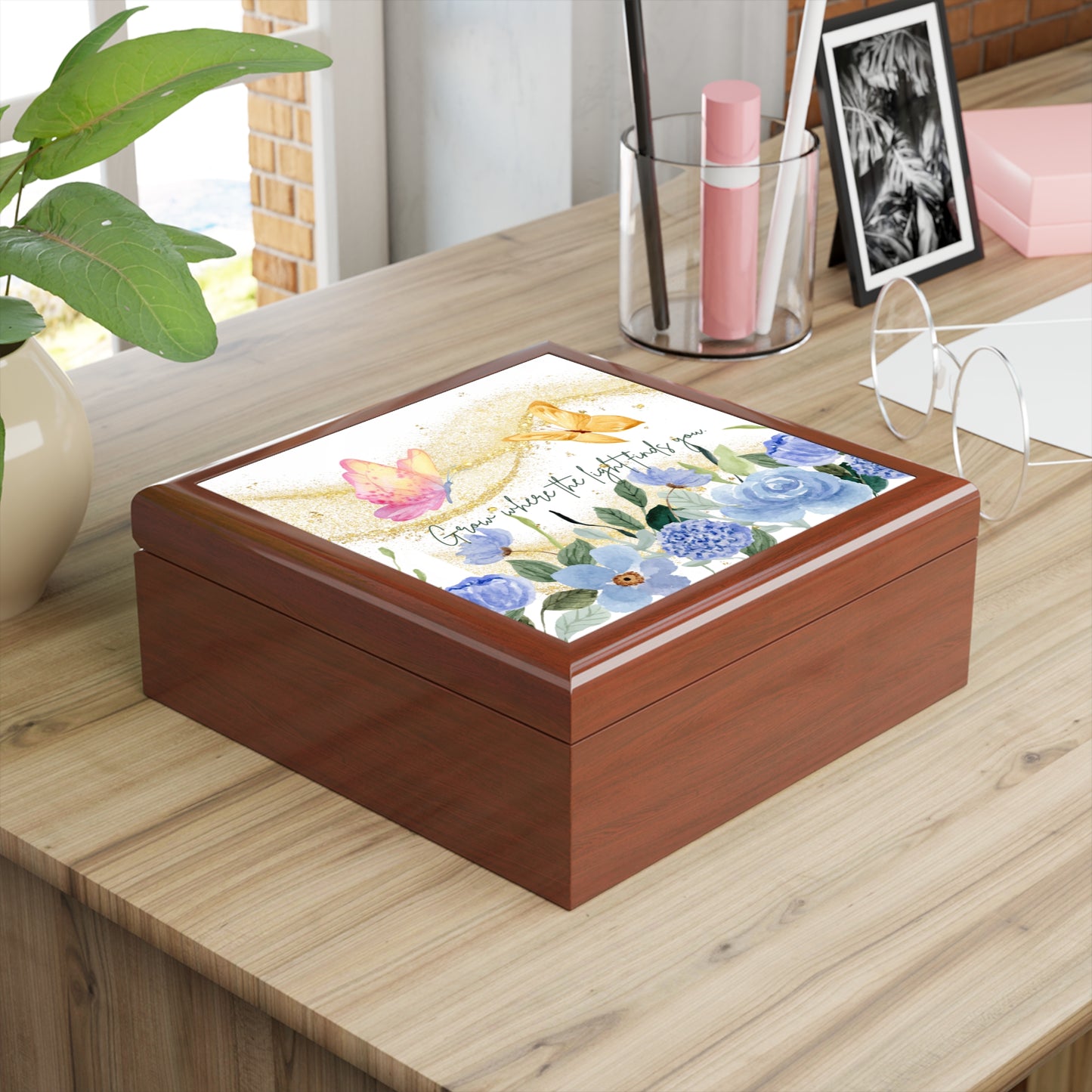Butterfly Floral Jewelry Box – “Grow Where the Light Finds You” Inspirational Keepsake