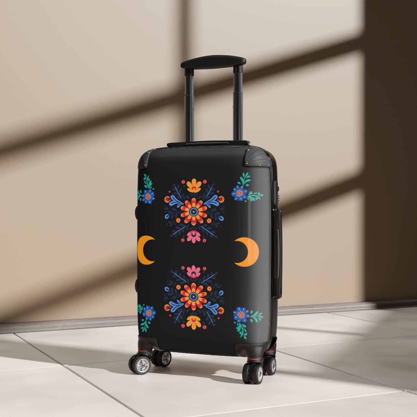 Celestial Bloom Suitcase – Boho Floral Moon Phase Luggage