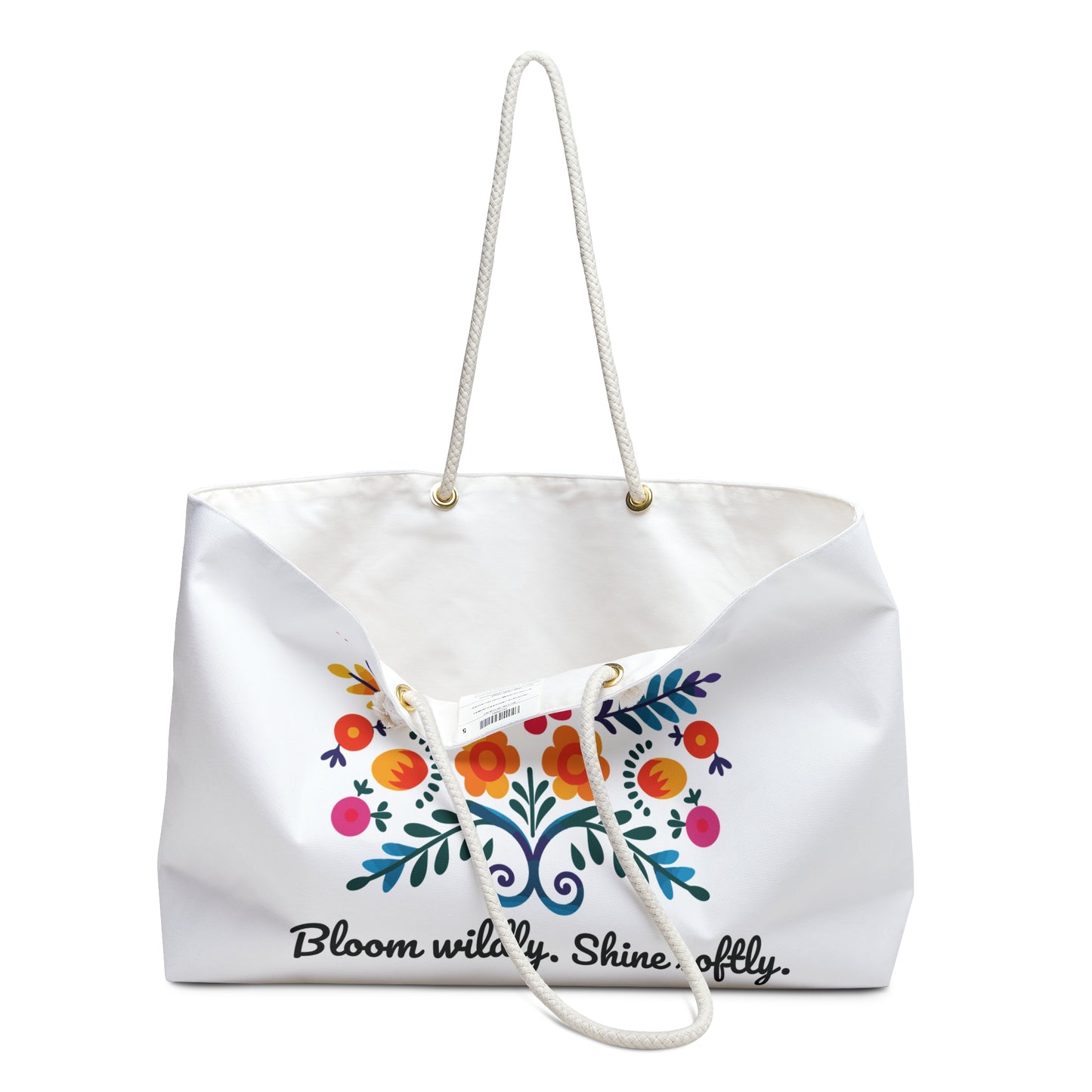 Bloom Wildly Shine Softly Weekender Bag – Floral Folk Art Tote | Boho Travel Bag | Stardust Cove Quote Collection