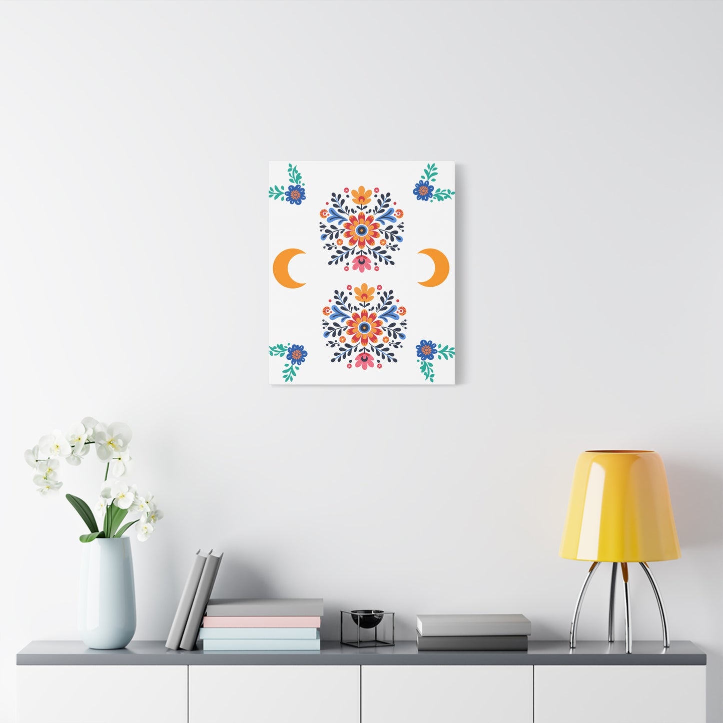 Celestial Bloom Canvas Wall Art – Moon & Floral Folk Art Print | Mystical Home Decor | Stardust Cove Exclusive