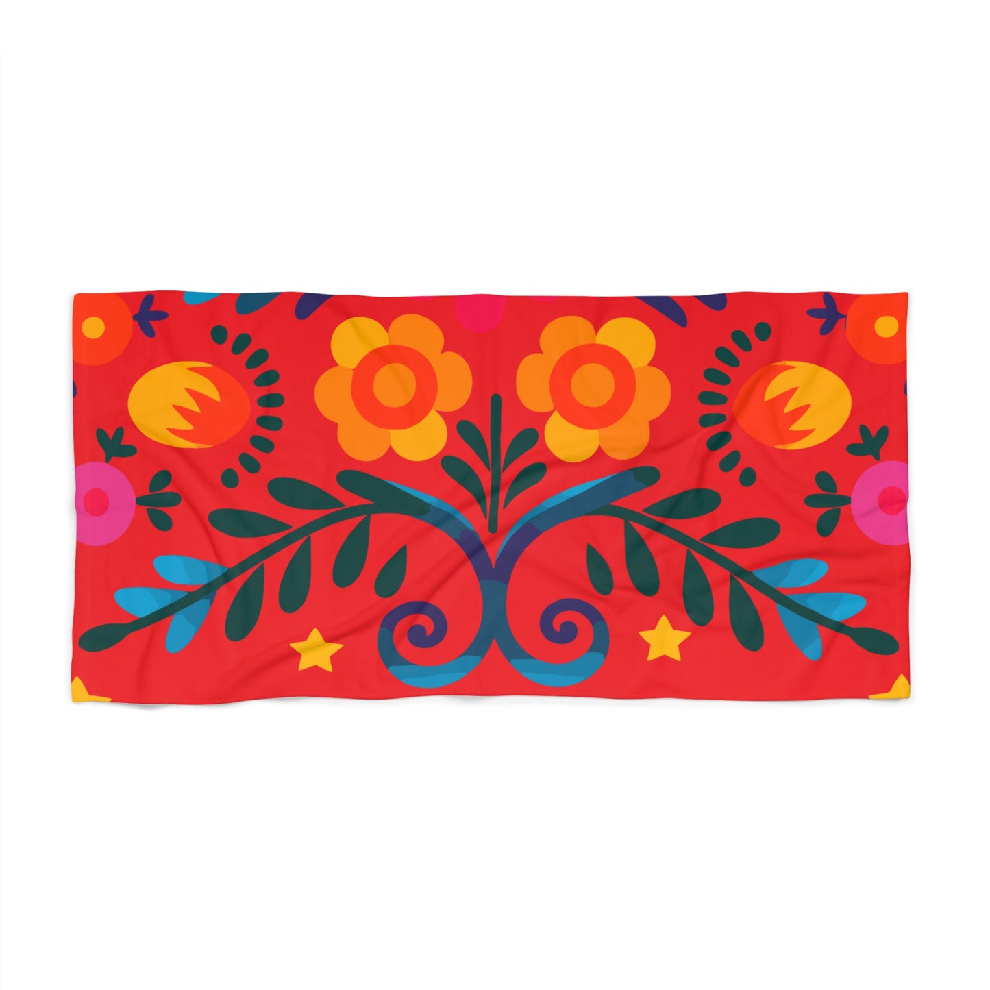 Bloom by the Shore Beach Towel – Red Floral Folk Art Towel | Bold Summer Essentials by Stardust Cove