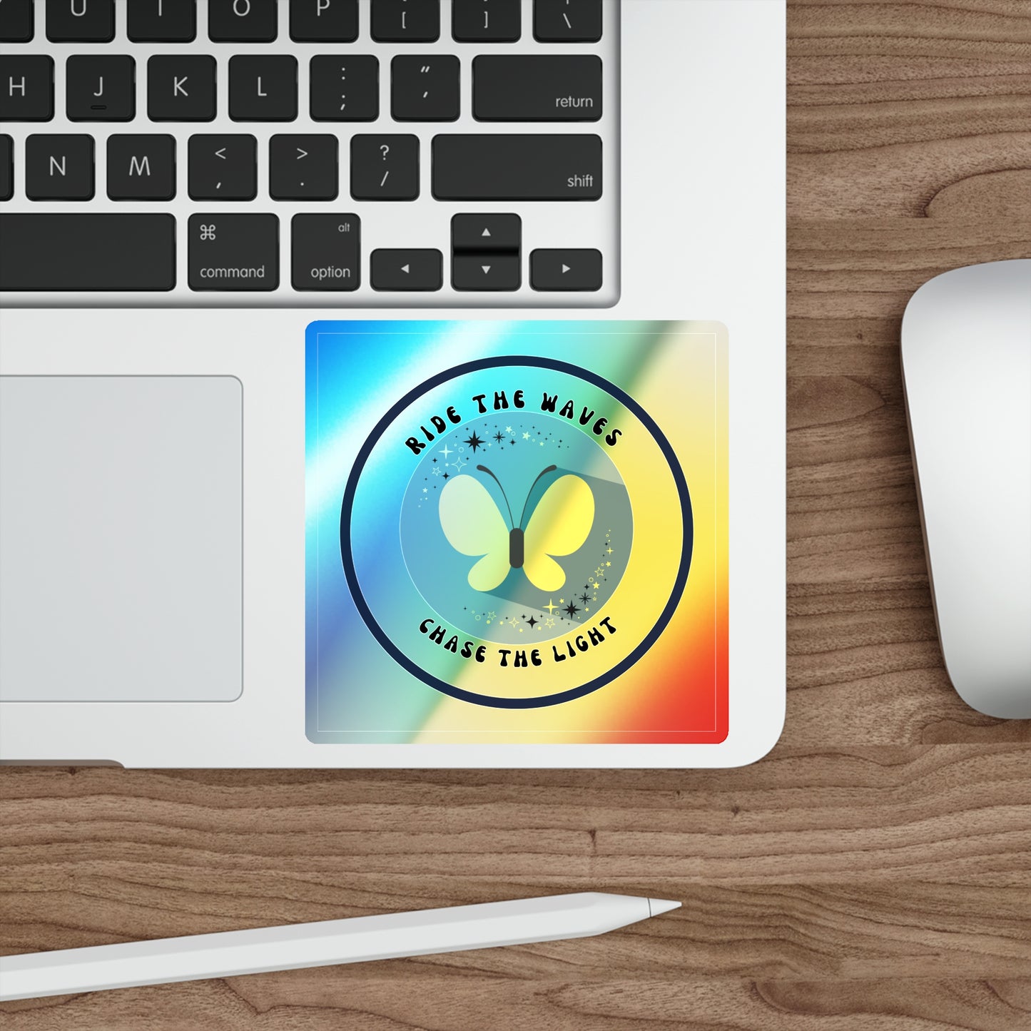 Holographic “Ride the Waves, Chase the Light” Butterfly Sticker – Motivational Decal for Laptop, Water Bottle & Journals