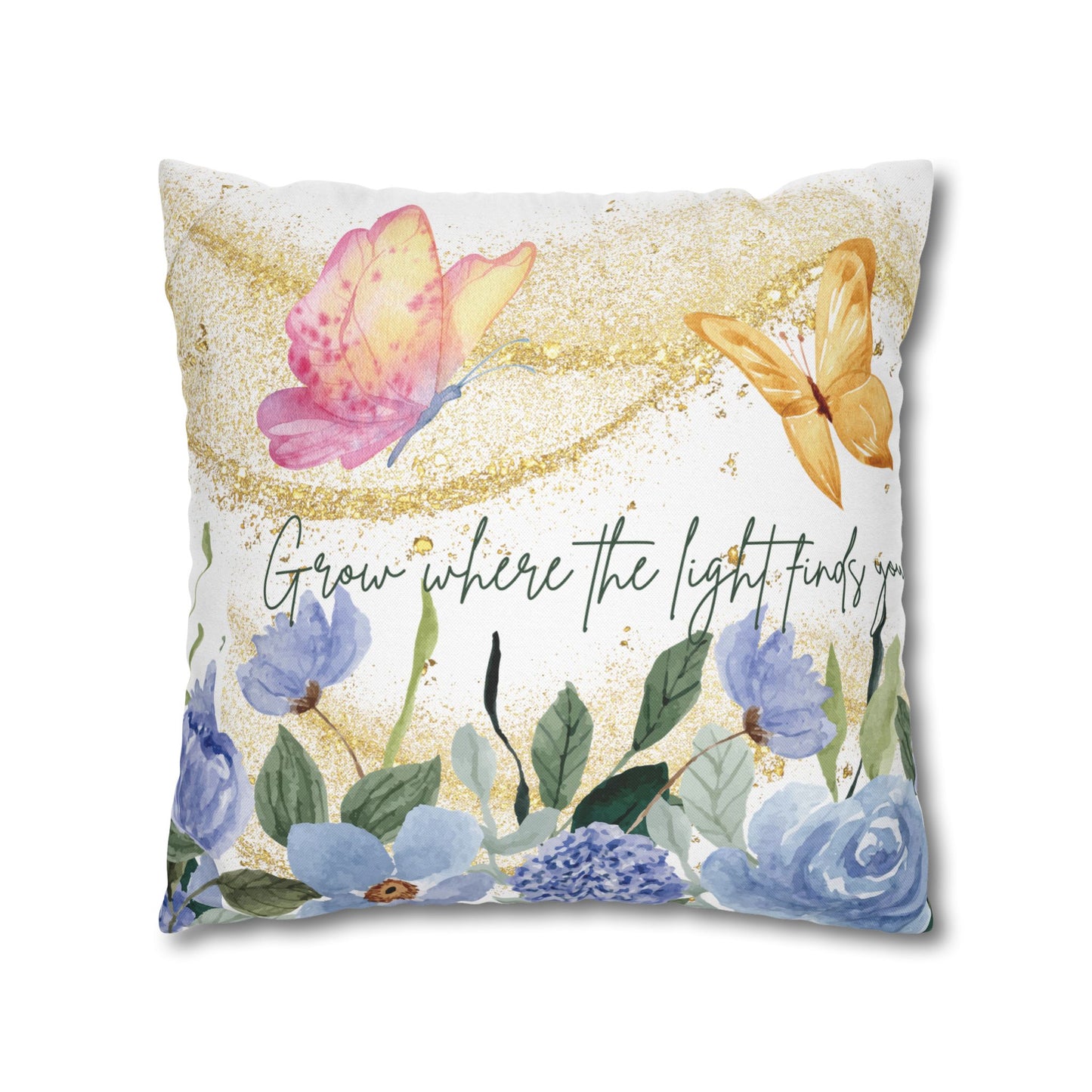 Butterfly & Floral Quote Pillow – “Grow Where the Light Finds You” Watercolor Cushion