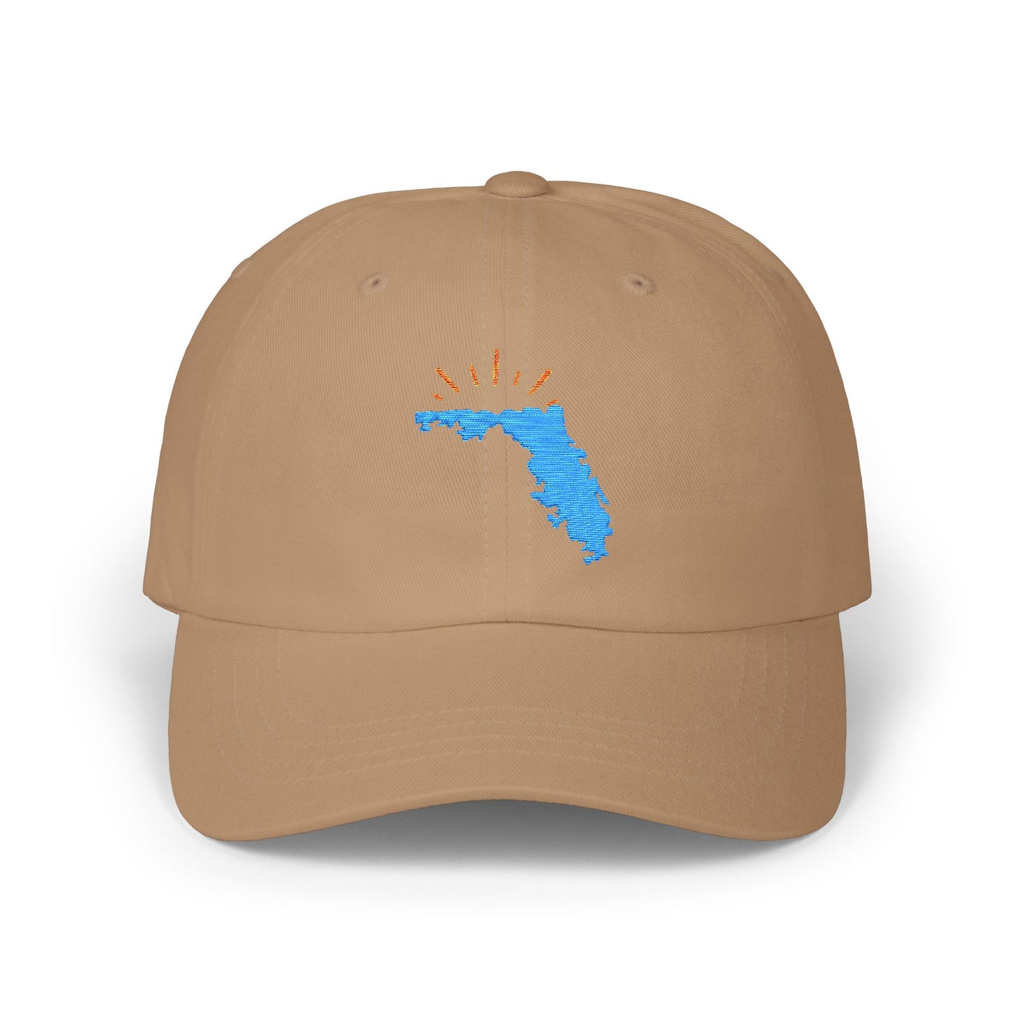 Tan dad hat with blue Florida state outline and orange sun rays embroidered on the front — casual beach hat and Florida gift accessory.