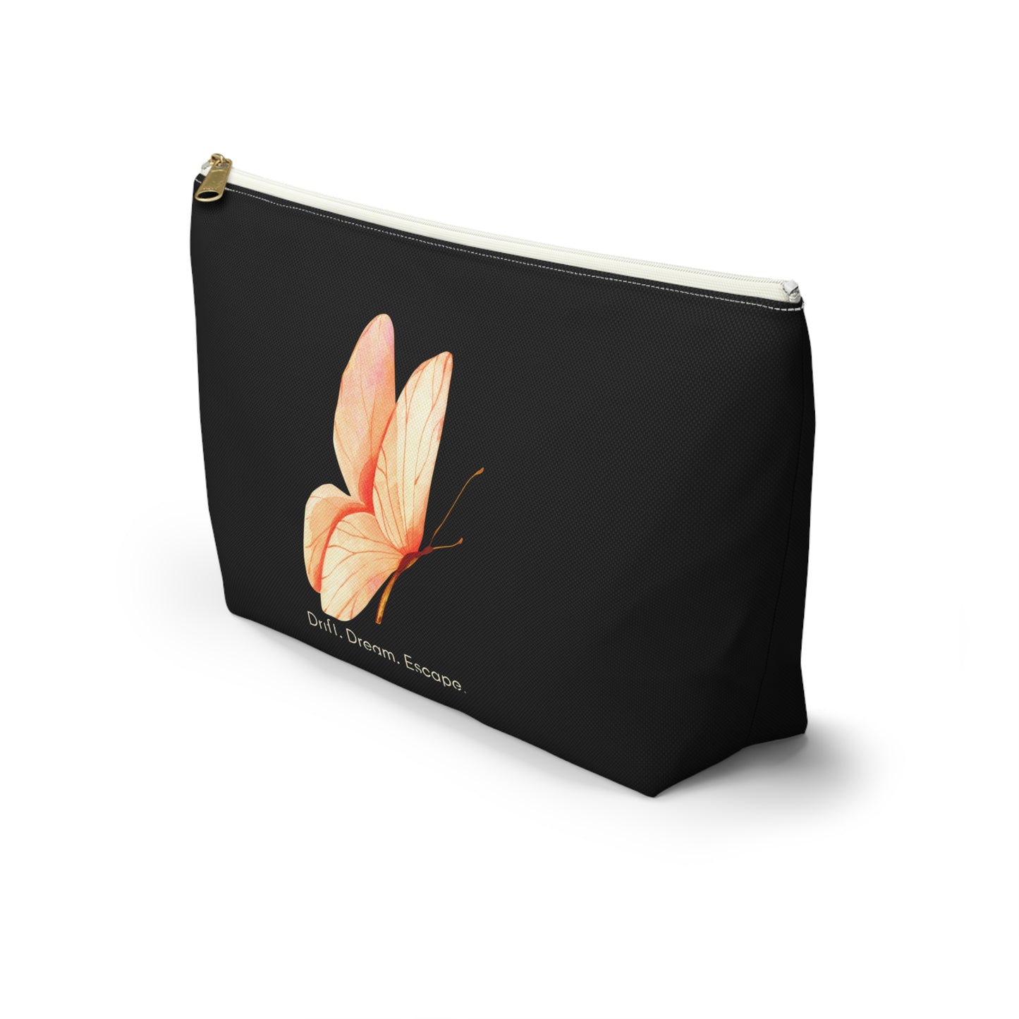 Drift. Dream. Escape. Black Butterfly Pouch – Travel Makeup Bag or Journal Accessory Case | Stardust Cove
