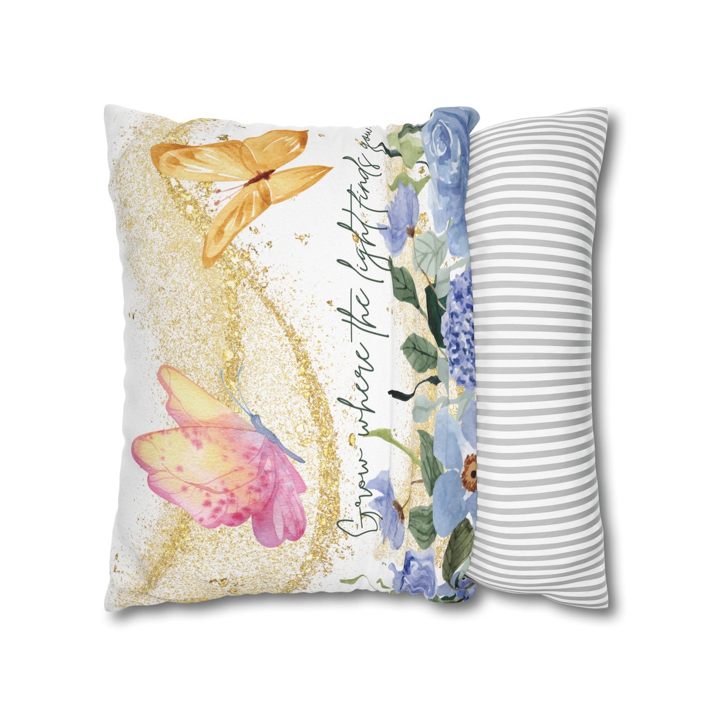 Butterfly & Floral Quote Pillow – “Grow Where the Light Finds You” Watercolor Cushion