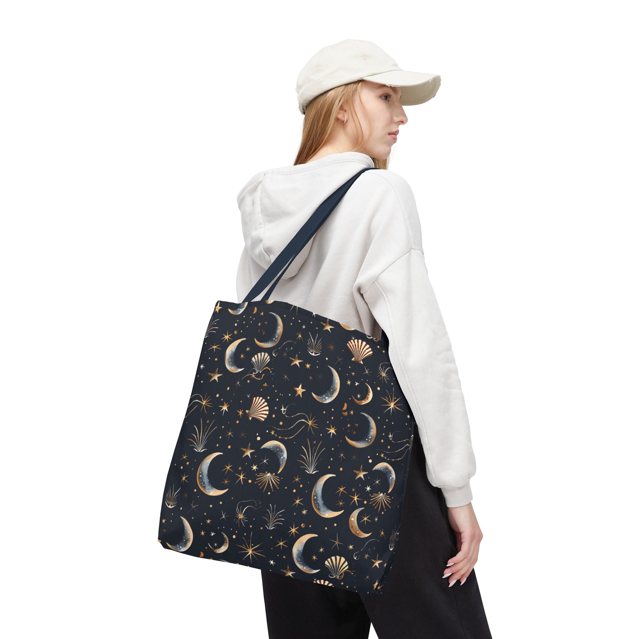 Celestial moon and stars tote bag navy zodiac crescent pattern by Stardust Cove
