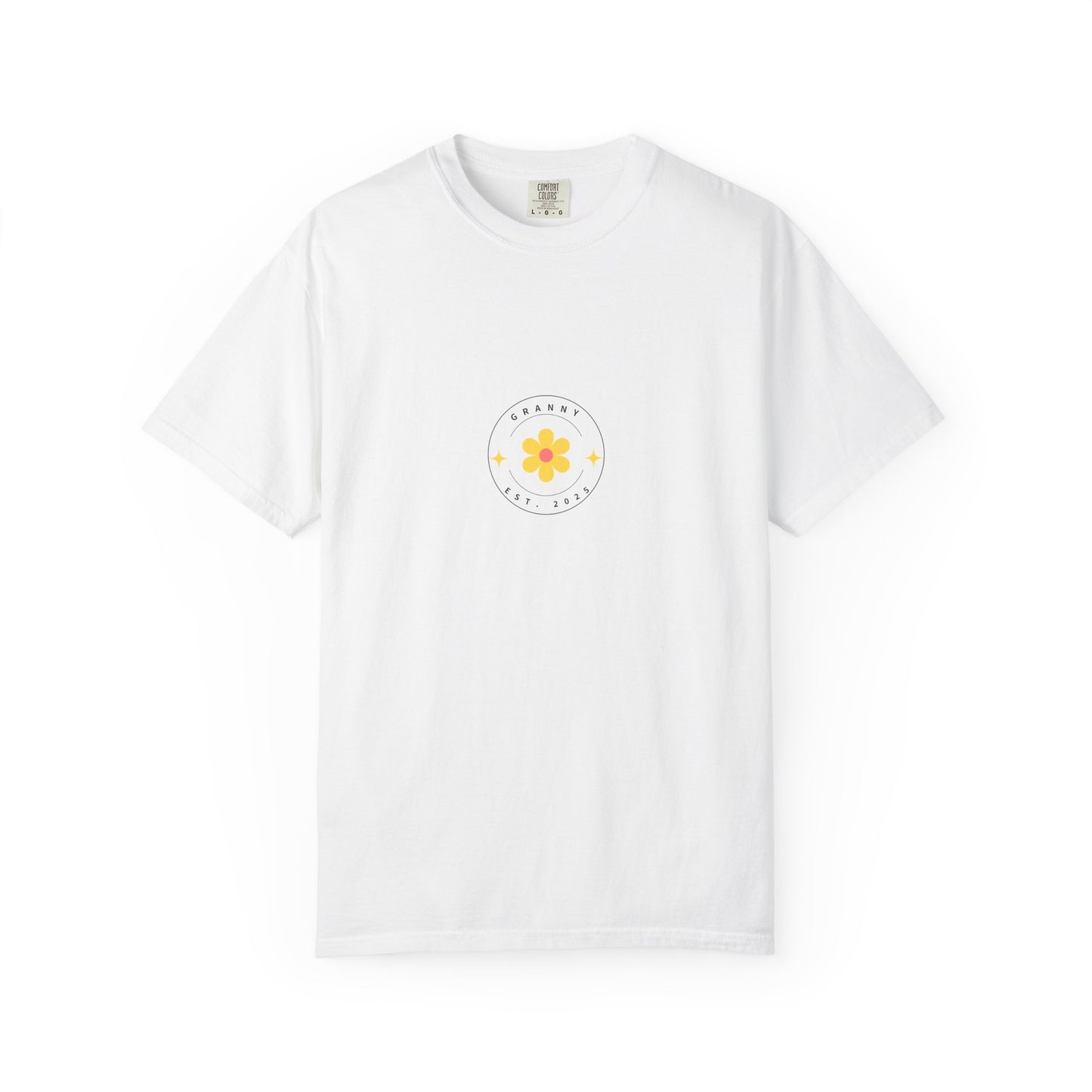 White “Granny Est. 2024” T-shirt with retro daisy and star design — cute new grandma gift shirt with minimalist floral print.