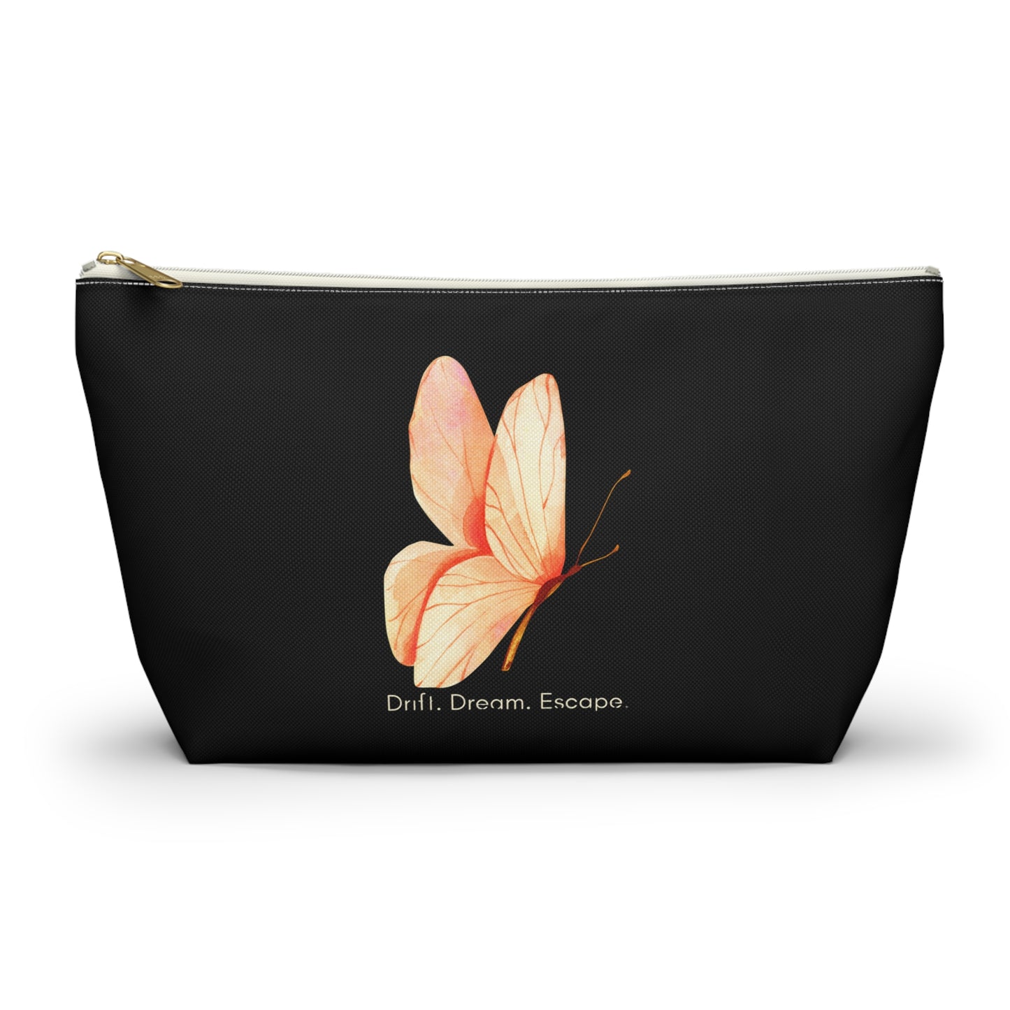 Drift. Dream. Escape. Black Butterfly Pouch – Travel Makeup Bag or Journal Accessory Case | Stardust Cove