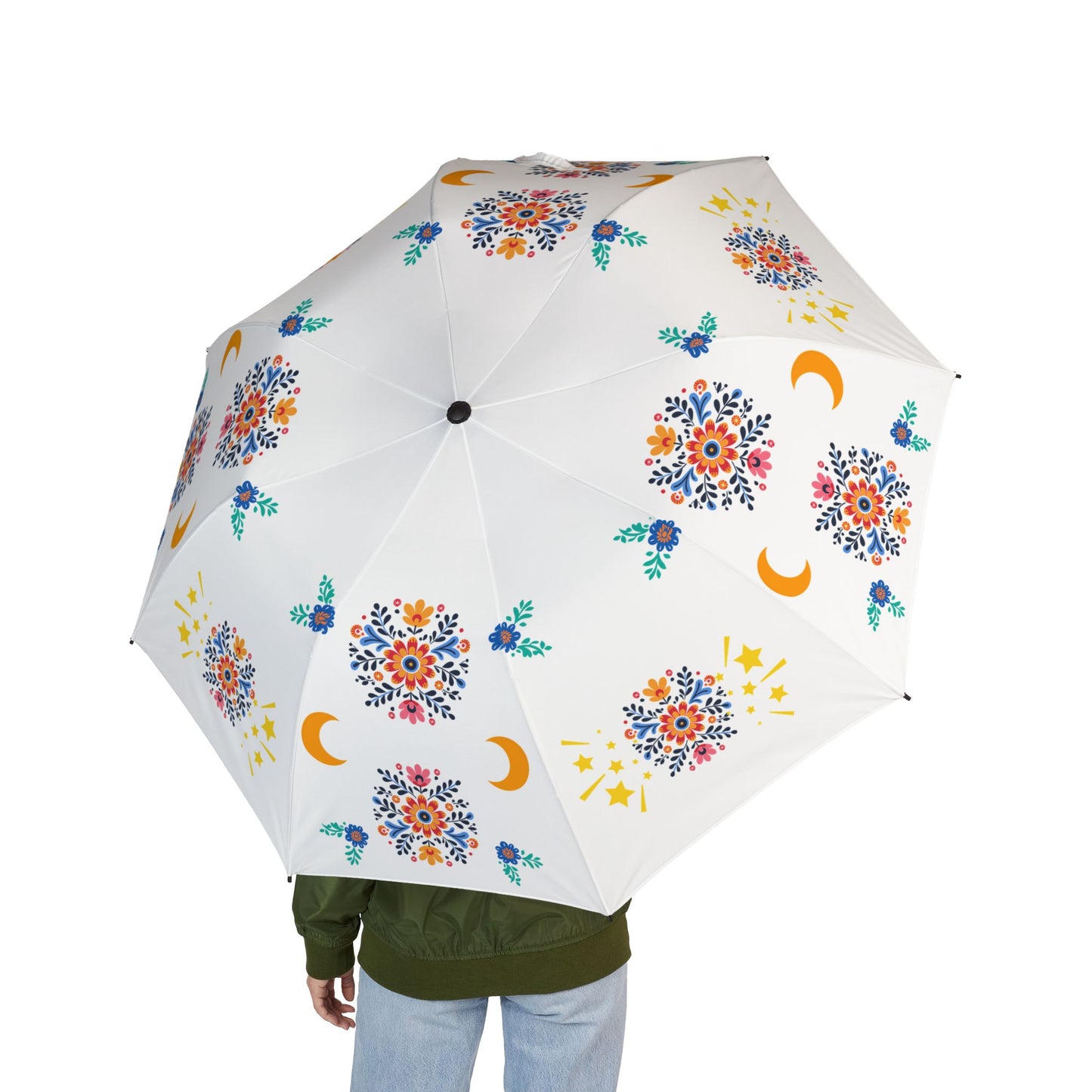 Celestial Bloom Foldable Umbrella – Floral Sun & Moon Rain Cover